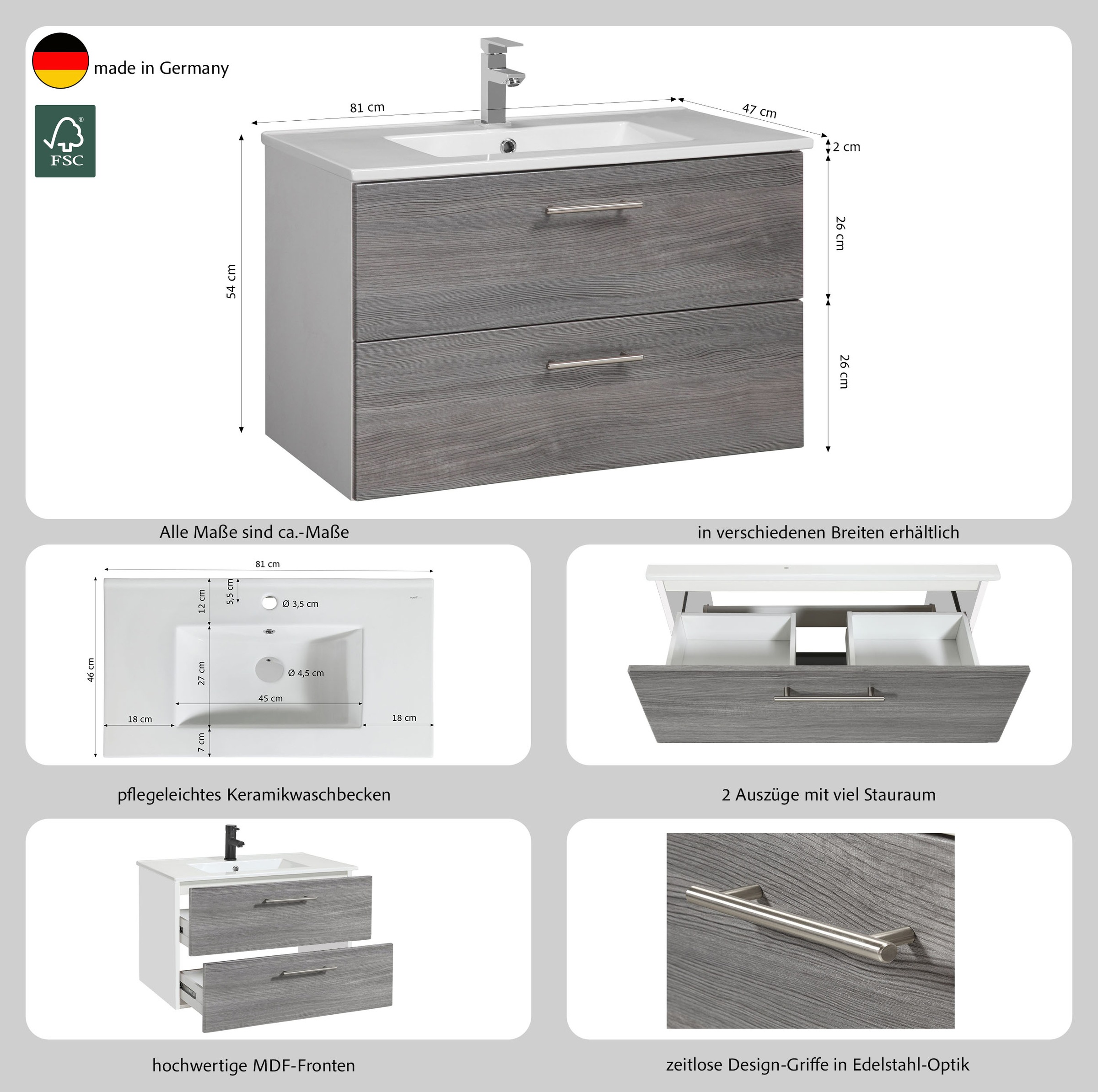 welltime Waschtisch »Trento Badezimmerschrank mit Becken Bestseller« Badmöbel in Breite 80 cm  , Waschplatz mit 2 Schubladen , Badschrank