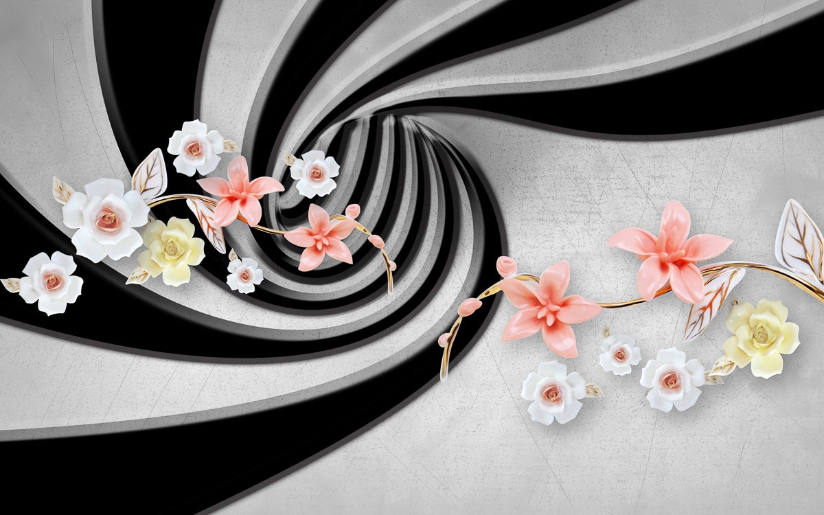 Fototapete PAPERMOON "Abstrakt 3D Effekt mit Blumen", bunt, B:4,5m L:2,8m, Vlies, Tapeten - B/L: 4,5m x 2,8m, Bahnen: 9 Stk.