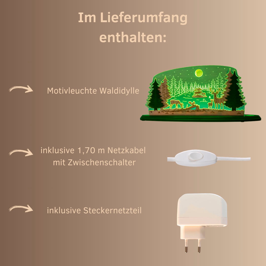 Lichterbogen WEIGLA "LED Waldidylle, Dekoleuchte aus Holz & Acrylglas, GRÜN-NATUR", beige (natur, grün), B:47cm H:21,7cm T:8,2cm, Holzwerkstoff, Schwibbögen, Erzgebirge garantiert, Deko für Weihnachten und das ganze Jahr 2