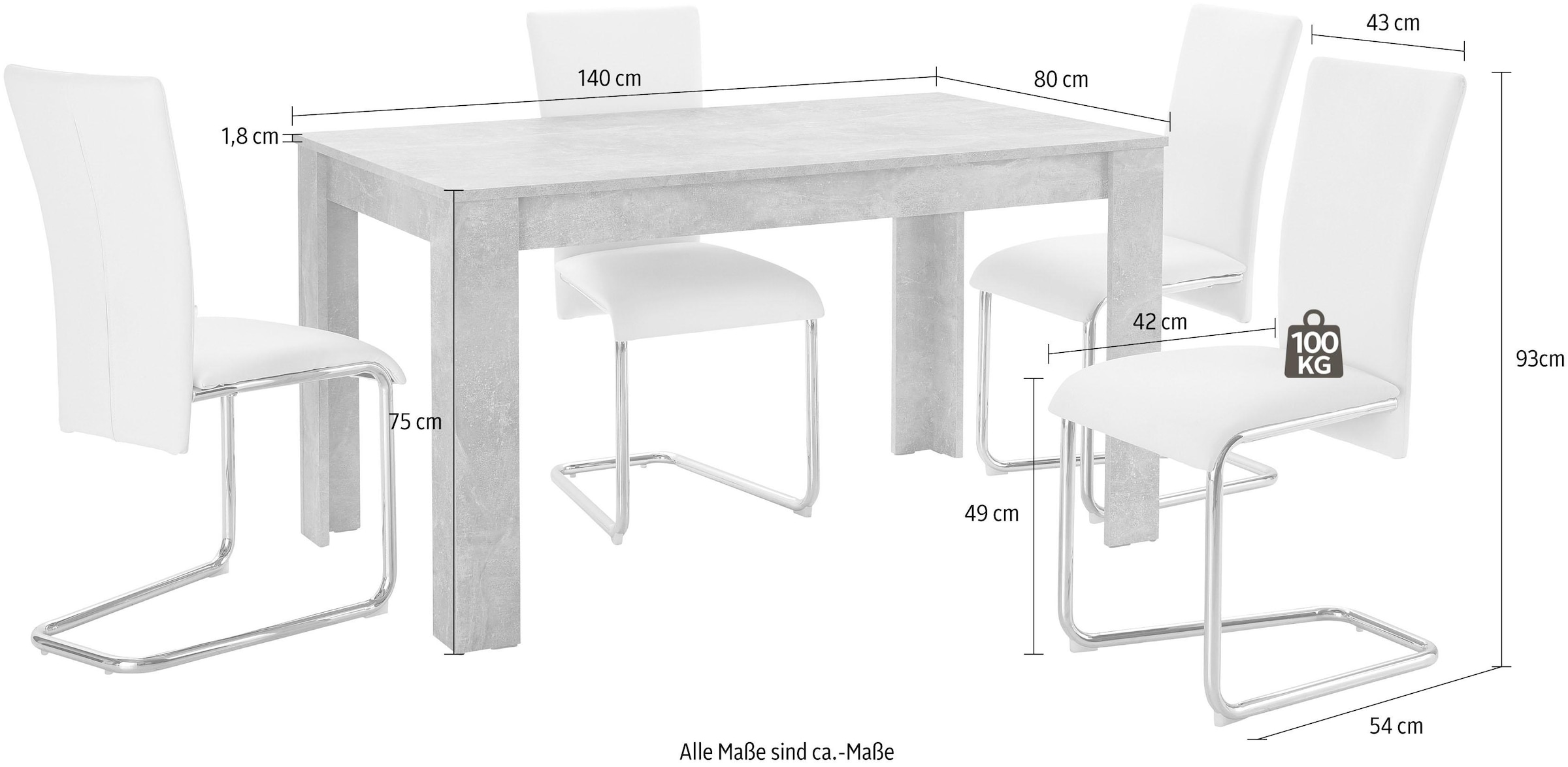 Homexperts Essgruppe »Nick3-Mulan«, (Set, Breite 140 cm BAUR Tisch in mit bestellen Beton-Optik, 4 tlg.), | Stühlen, 5
