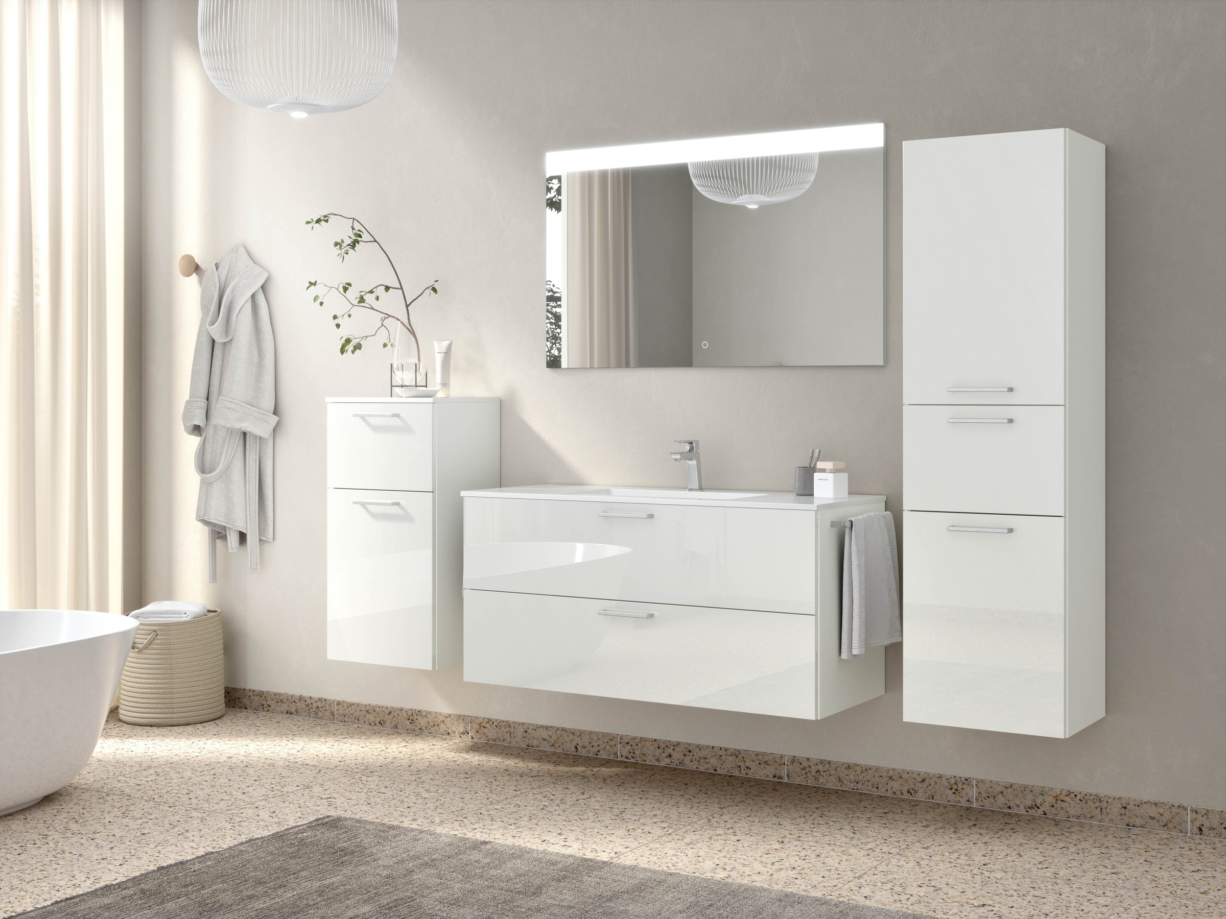 nobilia® Badmöbel-Set »Tolvina«, (4 St., vormontiert, mit Soft-Close), Hochglanz, inkl. Spiegel mit Touch-Sensor, in vier Breiten