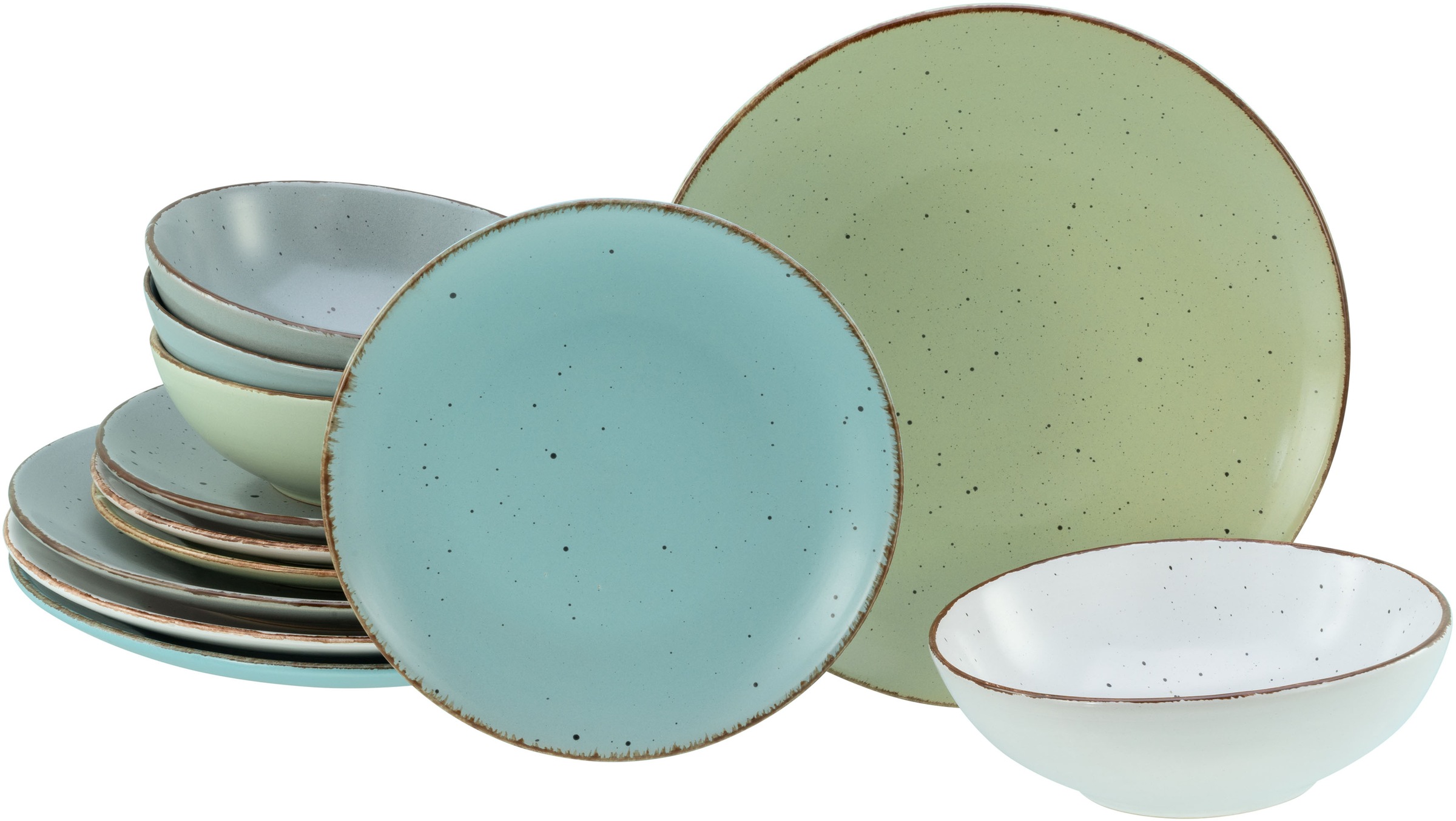 CreaTable Teller-Set "Fashion Bunt, Teller Set 12-tlg." Vintage Look, Seidenmatte Glasur, Handgemalte Ränder