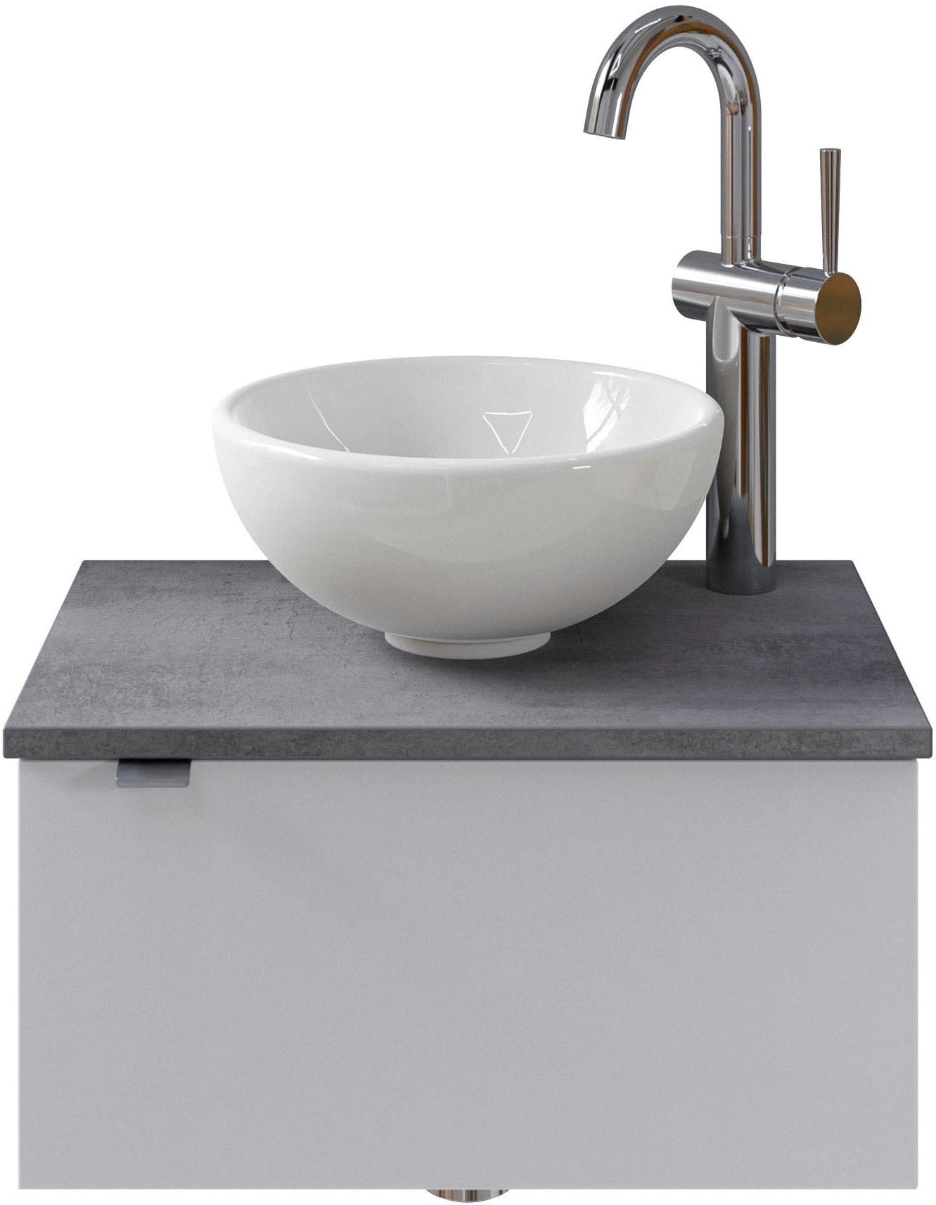 Saphir Waschtisch "Serie 6915 Waschschale mit Unterschrank für Gästebad, Gäste WC" Keramik-Aufsatzbecken, Waschtischplatte, Waschtischunterschrank, 3 Stk. tlg. 51 cm breit, 1 Tür, Waschtischplatte, kleine Bäder, ohne Armatur
