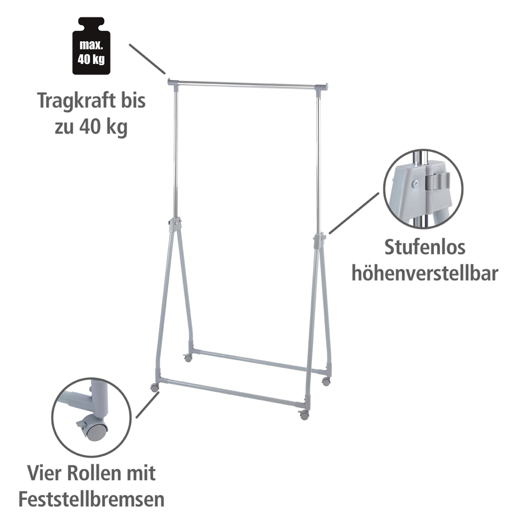 WENKO Kleiderständer, stufenlos höhenverstellbar (99-167 cm), mit 4 Rollen, Tragkraft 40 kg