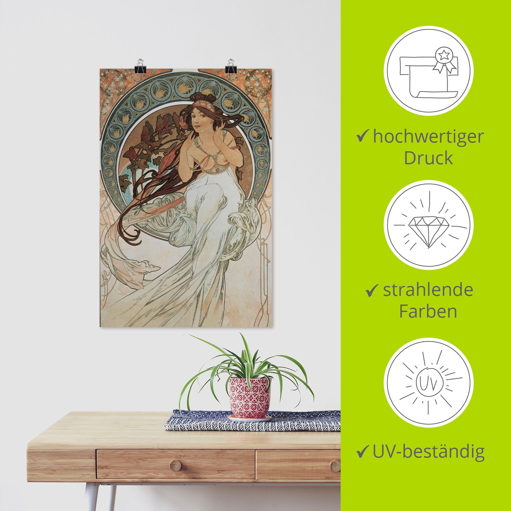 Artland Wandbild »Vier Künste: Die Musik. 1898«, Frau, (1 St.), als Alubild, Outdoorbild, Poster in verschied. Größen