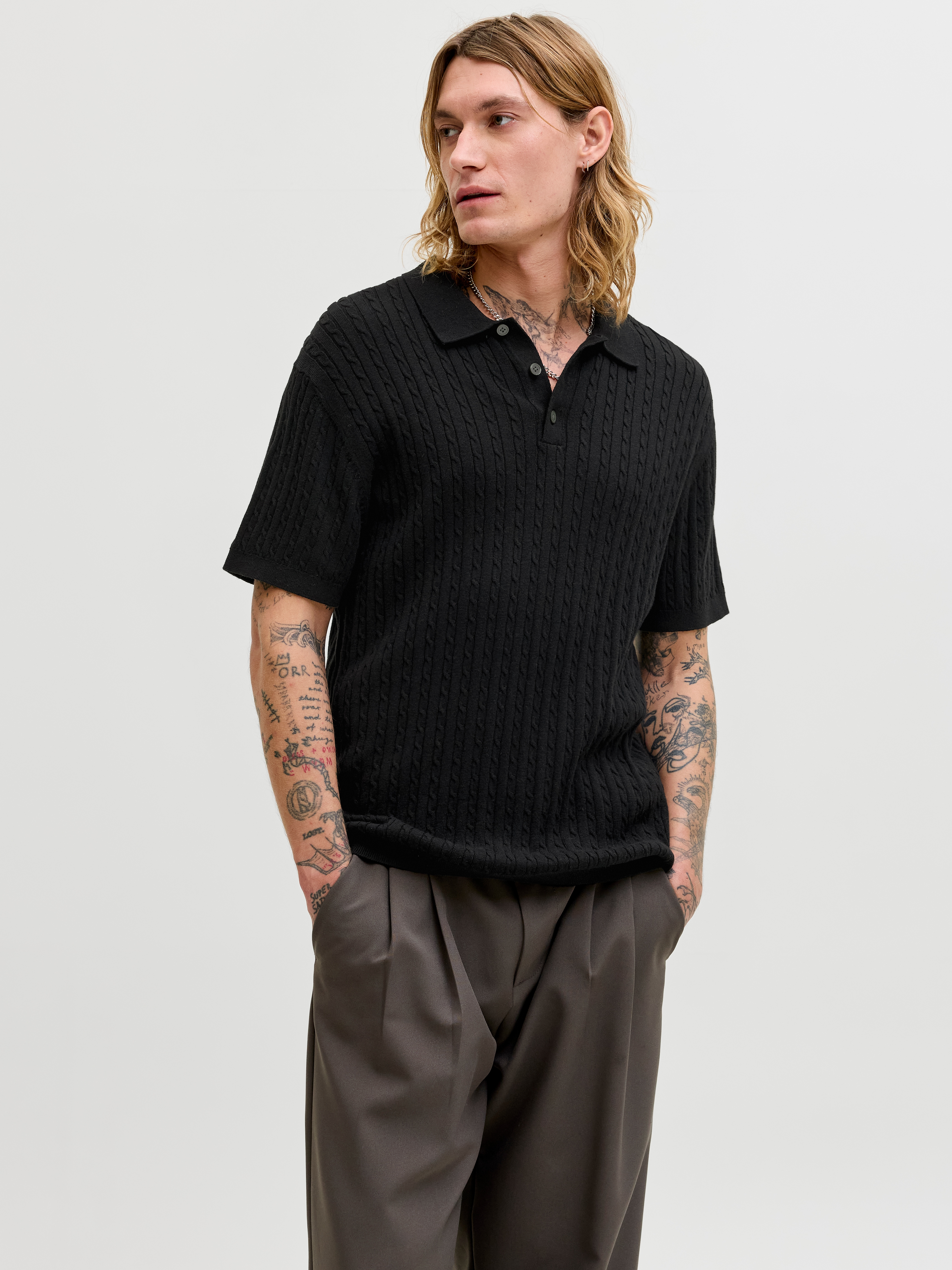 Jack & Jones Polokragenpullover "JJEEMIL KNIT CABLE POLO SS LN" mit Polokragen