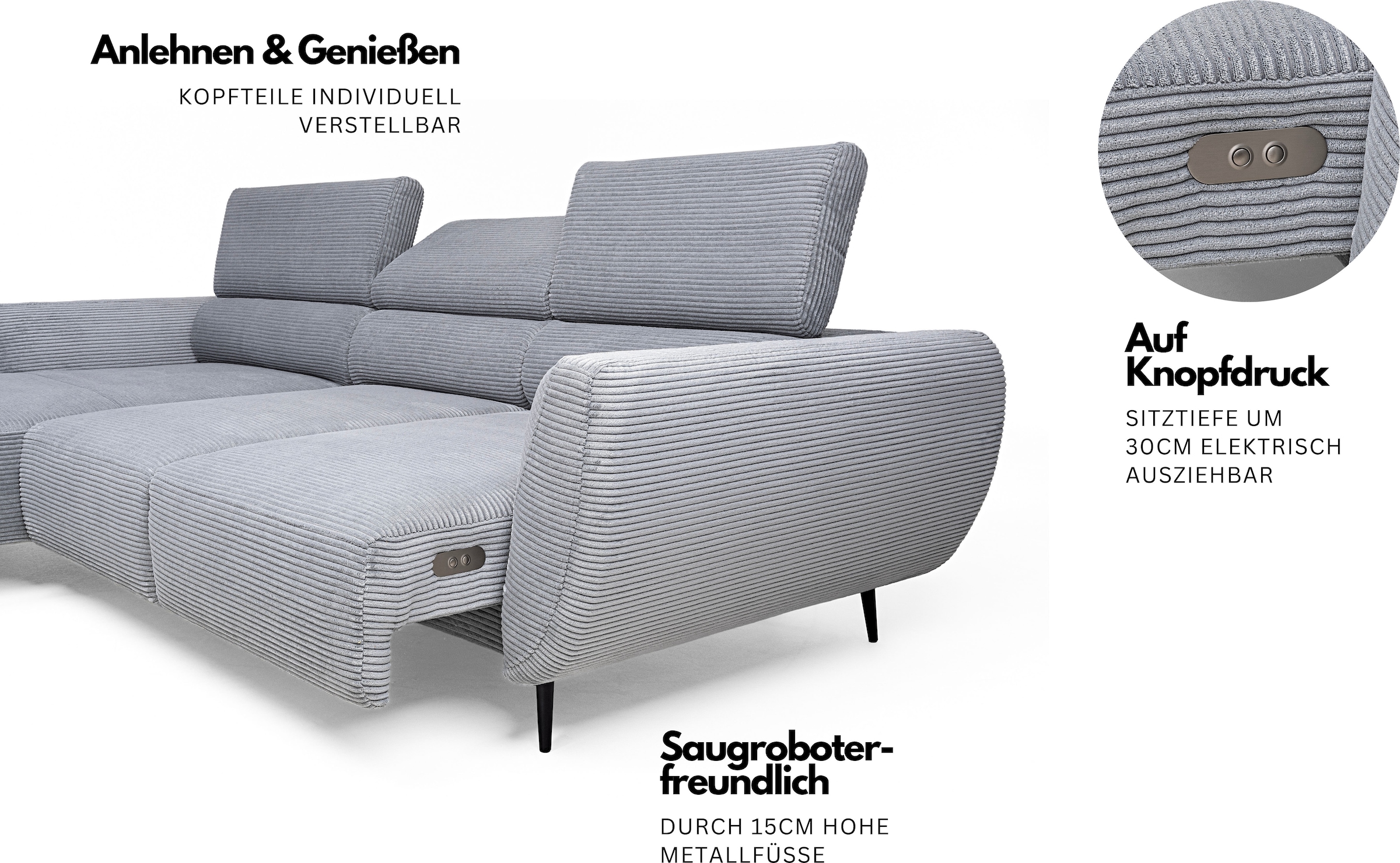 WERK2 Ecksofa »Alisson Sitztiefe elektrisch verstellbar, verstellbare Kopfstützen« Schwebendes L-Form Sofa in Cord, 15 cm bodenfrei (saugrobotergeeignet)