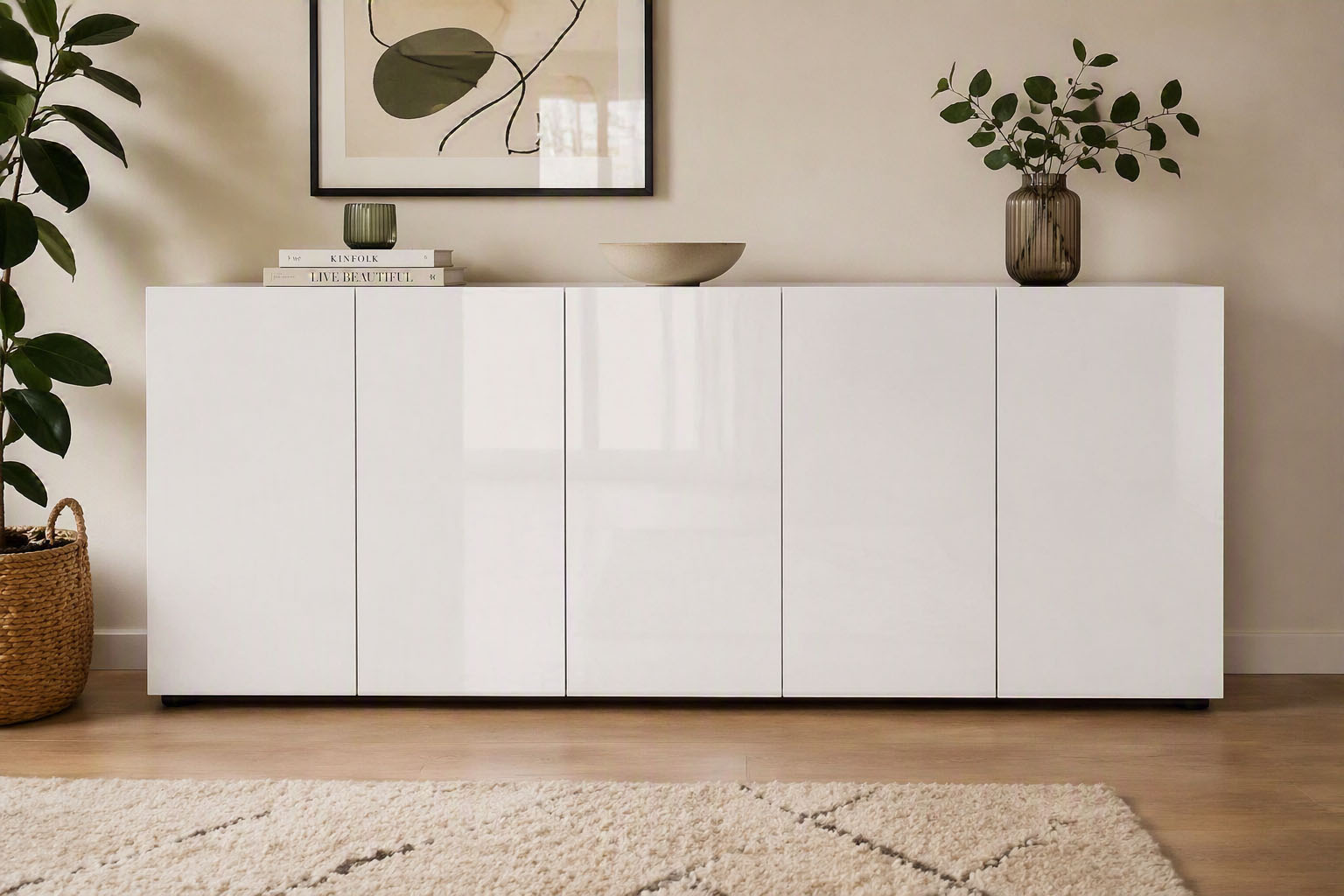 Home affaire Sideboard "MISTER – Schrank, Kommode, 225 cm breit, 80 cm hoch, Made in Italy" komplett Hochglanz lackiert, 5 Türen, 6 Fächer