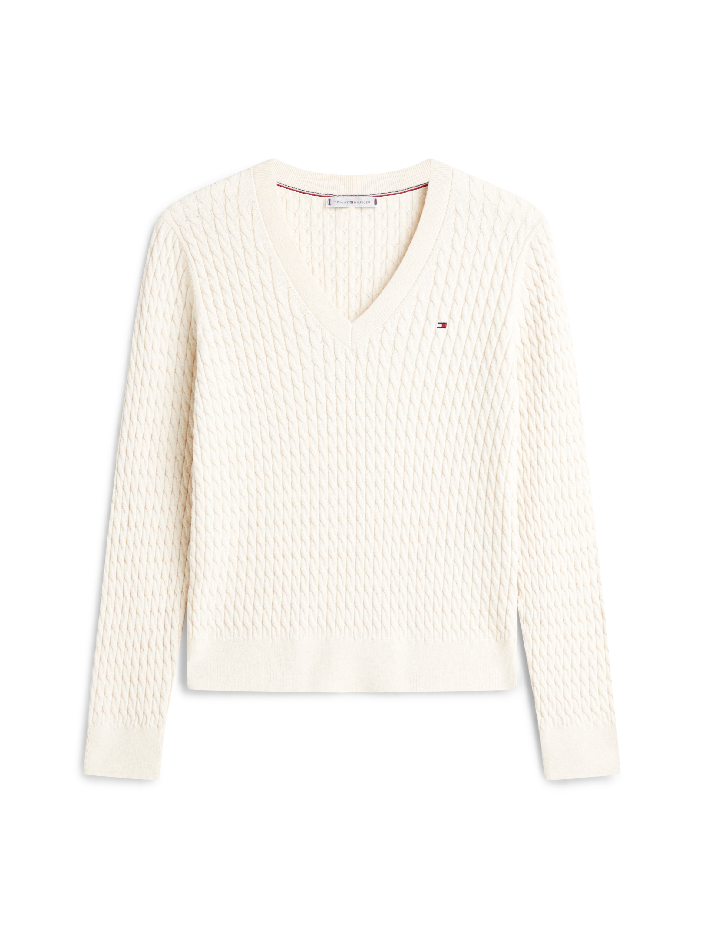 Tommy Hilfiger V-Ausschnitt-Pullover »CO CABLE V-NK LS SWT«, mit Zopfmuster, Logostickerei