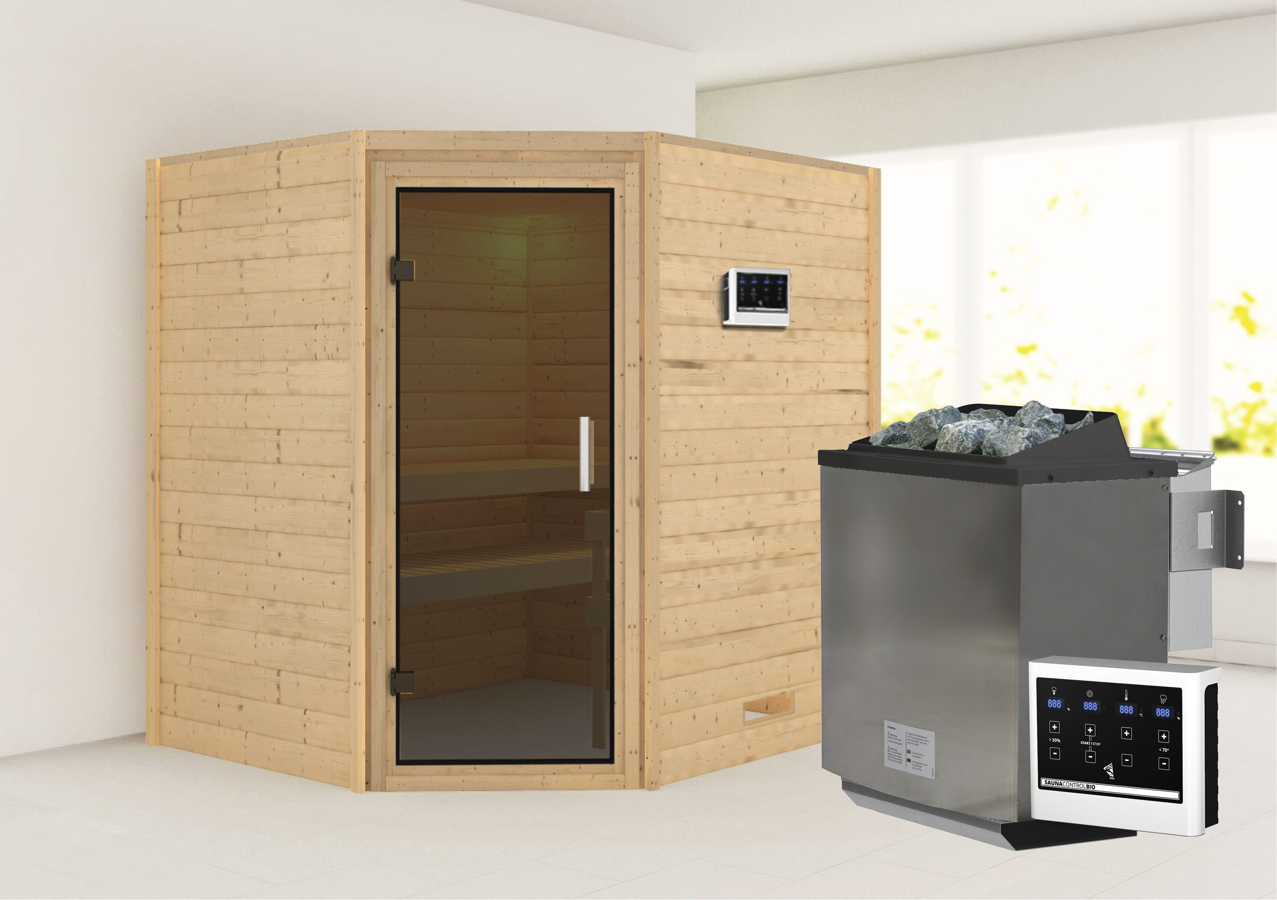 Karibu Sauna "Mia (Fronteinstieg)" Ofen 9 kW Bio externe Strg easy