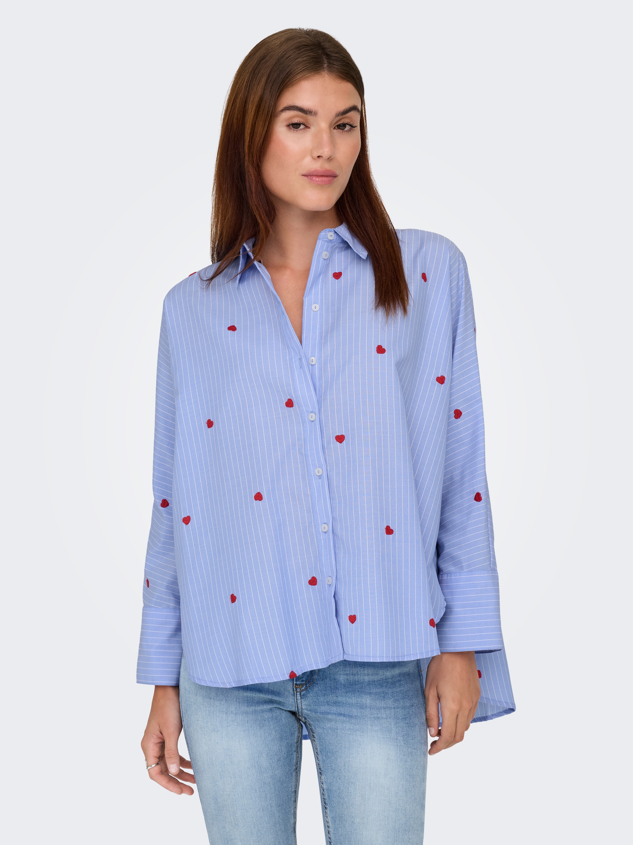ONLY Hemdbluse "ONLNEW LINA GRACE LS STRIPE EMB SHIRT" Materialmix, Herzchen Stickerei