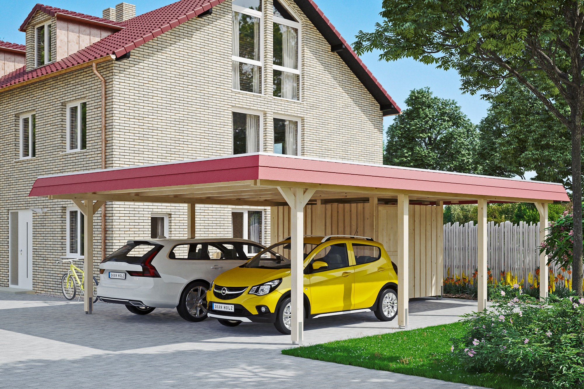 Skanholz Doppelcarport »Wendland«, 550 cm, Natur, mit Abstellraum mit EPDM-Dach, rote Blende