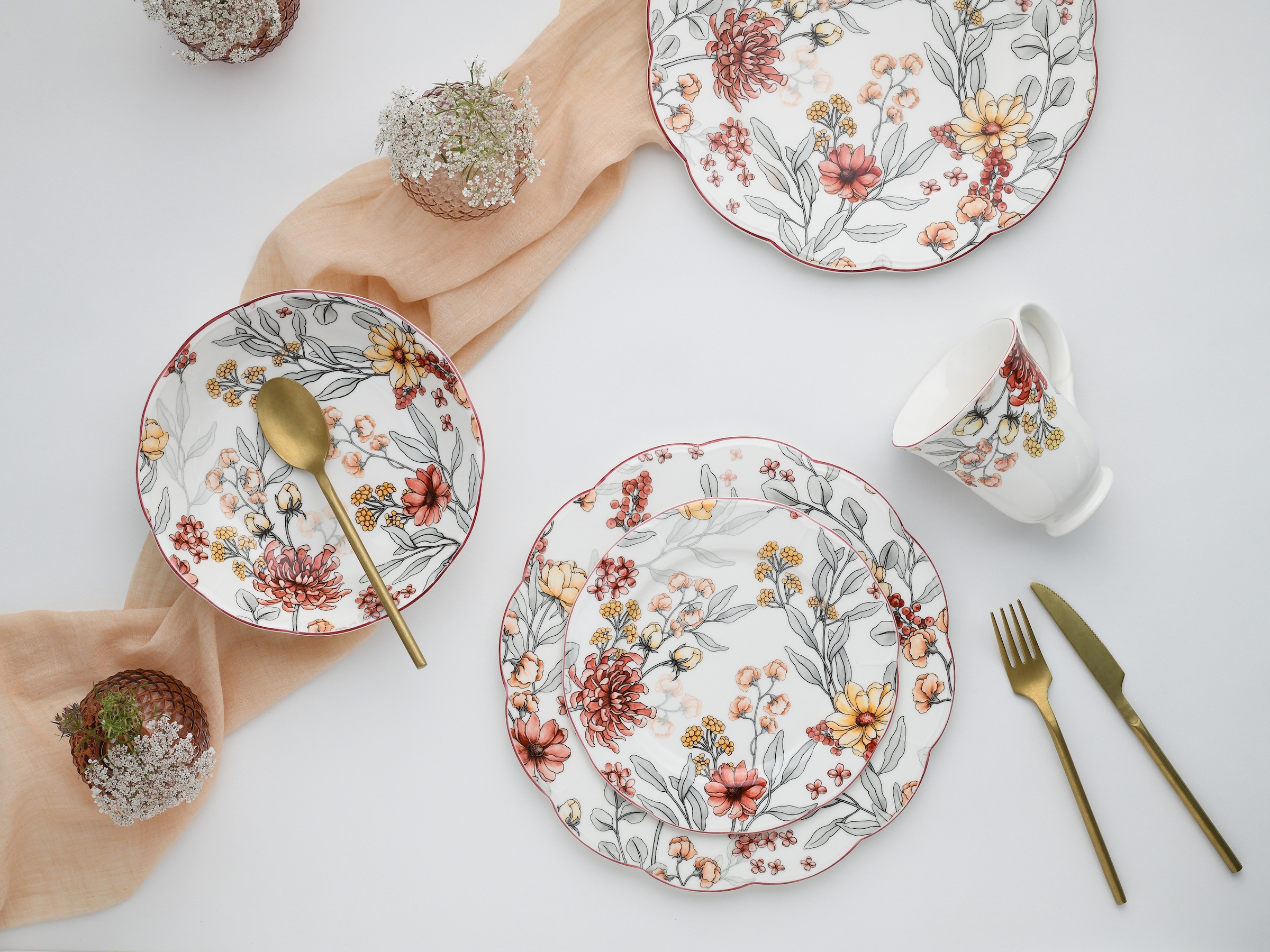 CreaTable Kombiservice »Fiore, Kombi-Service 16-tlg«, (Set, 16 tlg.), Blütendekor, Blätterdekor