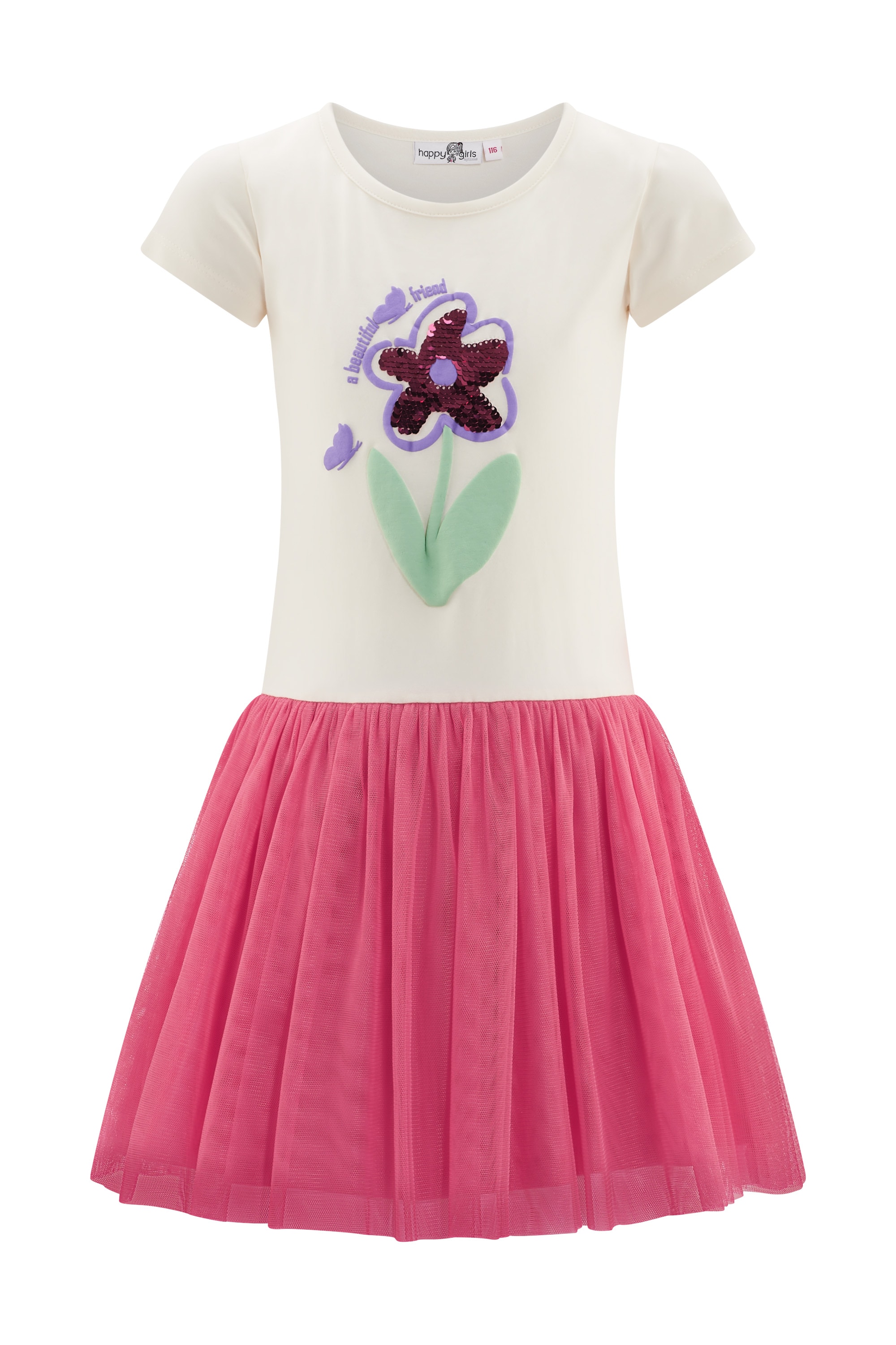 Jerseykleid HAPPY GIRLS, Mädchen, Gr. 140, N-Gr, ecru, Jersey, Obermaterial: 95% Baumwolle, 5% Elasthan. Futter: 100% Polyester. Unterteil: 100% Polyester, bedruckt, mehrfarbig, Basic knieumspielend, Rundhals, Kleider Jerseykleid, mit tollem Tüllrock