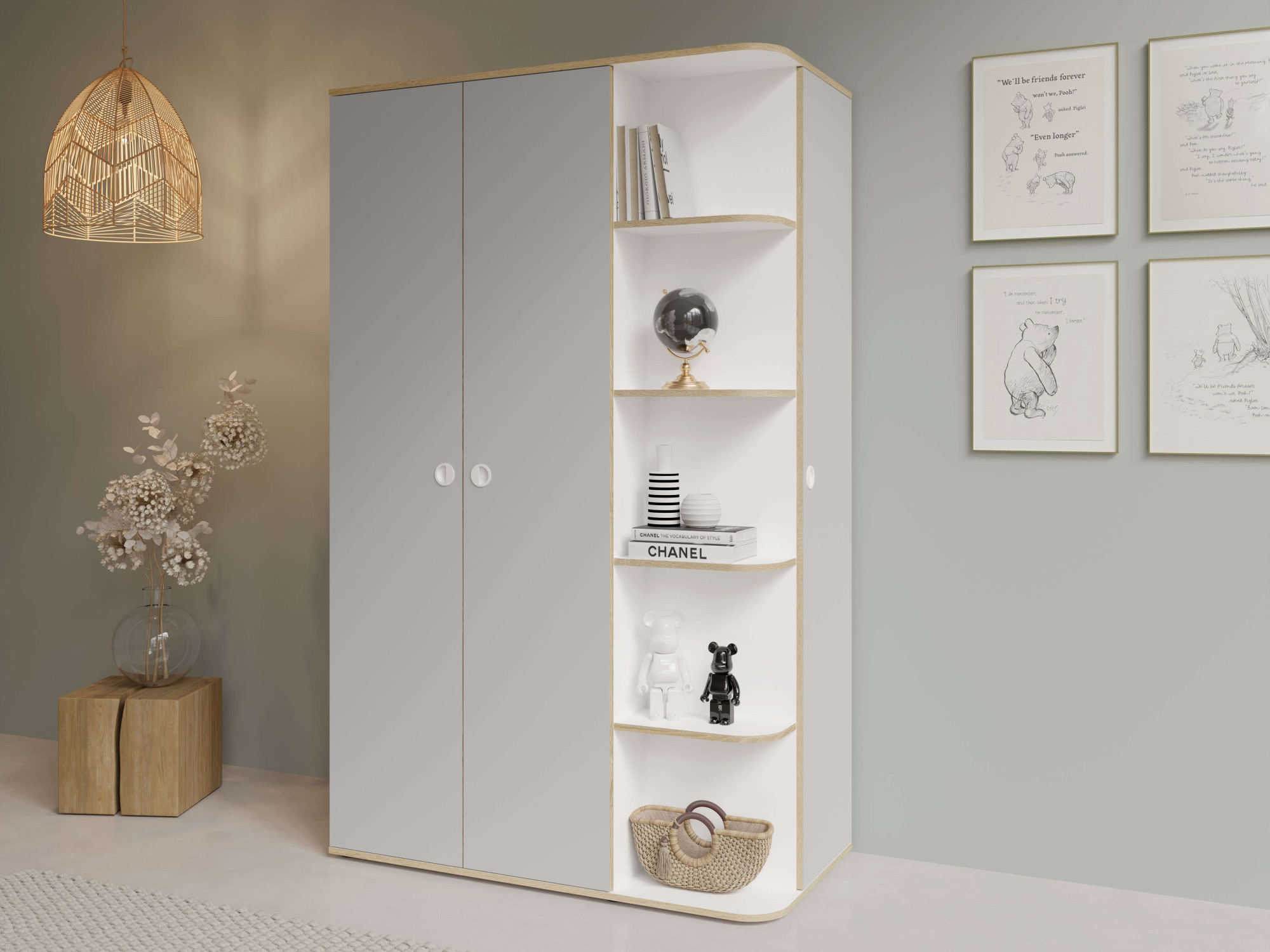 OTTO home Kleiderschrank "ELLEETE geräumiger Schrank mit Regalfächern und Kleiderstangen" Garderobe mit 3 Drehtüren und 5 offene Fächer