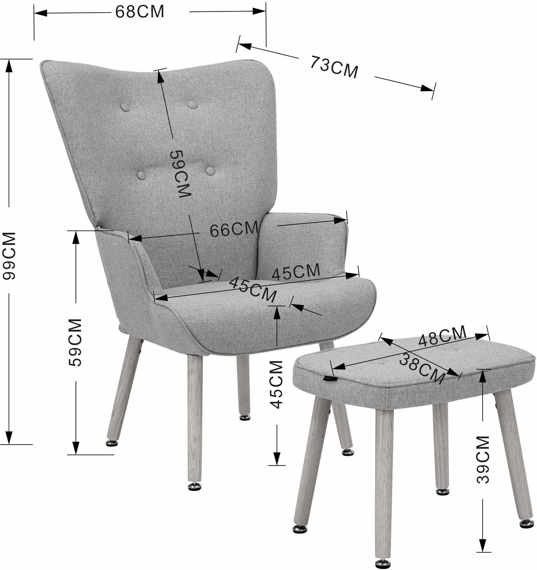 INOSIGN Ohrensessel »PERHAM, Sessel mit Hocker im Set, Knopfheftung, Massivholz-Füße,«, komfortabler Relaxsessel und Sitz-Hocker mit Strukturbezug