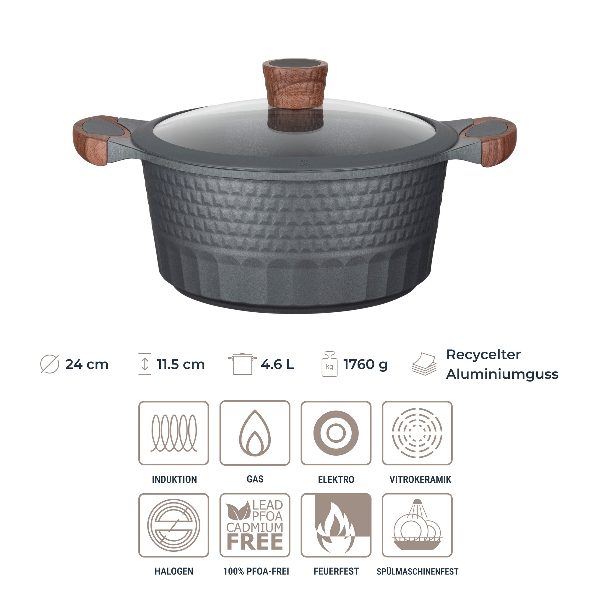 RESTO Kitchenware Topf-Set »Capella mit Deckel, antihaftbeschichtet und spülmaschinenfest«, Aluminiumguss, (Set, 6 tlg., 1x Stielkasserolle Ø 16 cm, je 1x Bratentopf Ø 24 cm + Ø 28 cm), Für alle Herdarten geeignet, auch Induktion, im Geschenkkarton