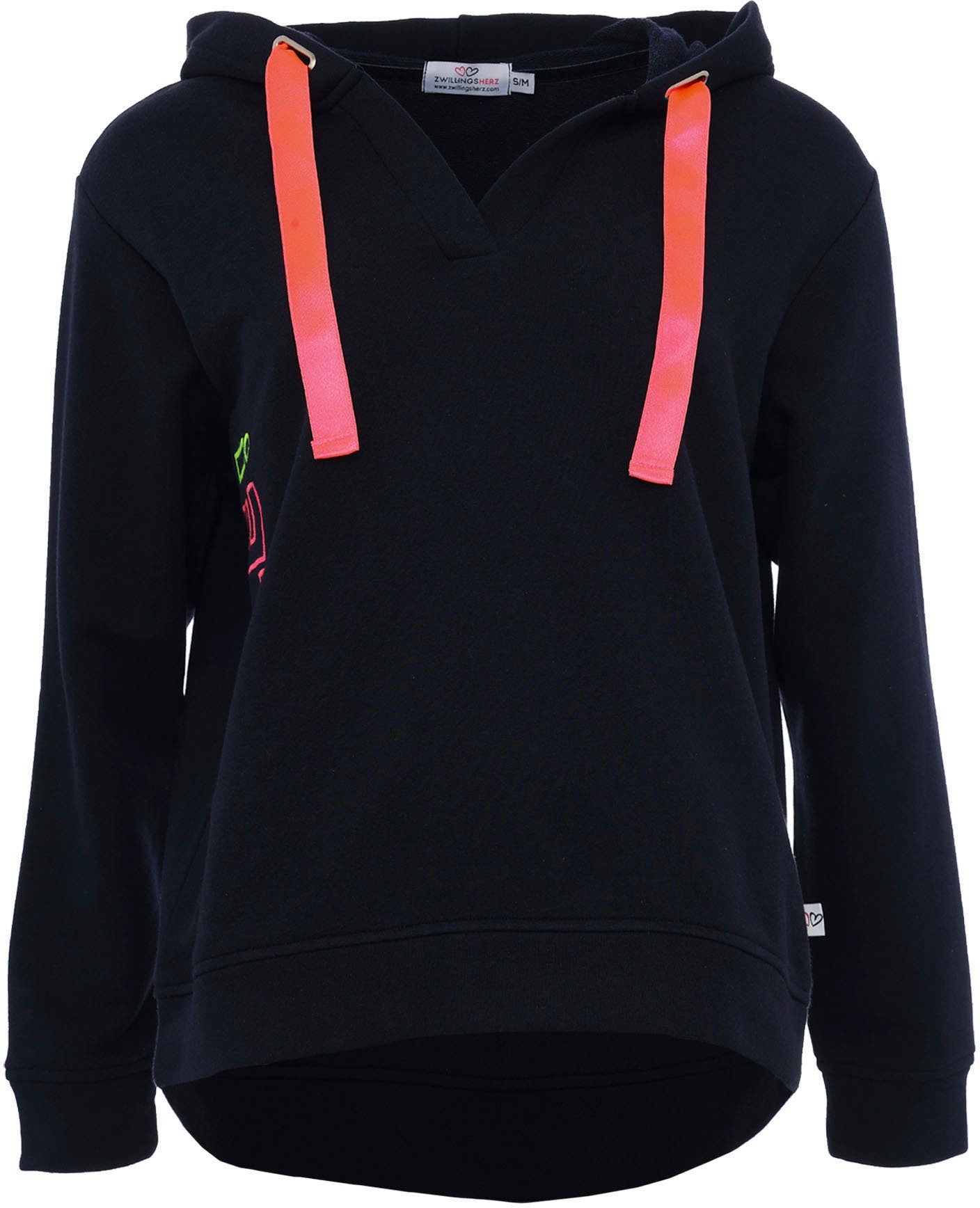 Zwillingsherz Sweatshirt »Smile«, breite Bänder, V-Ausschnitt, Details in neonfarben, Kapuze, Langarm
