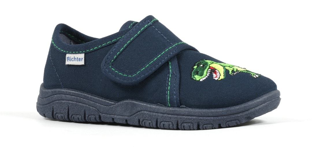 RICHTER Jungen Hausschuh "MAILO", Gr. 30, blau, Textil, Schuhe, Klettschuh, Kindergarten Schuh mit Dino-Stickerei