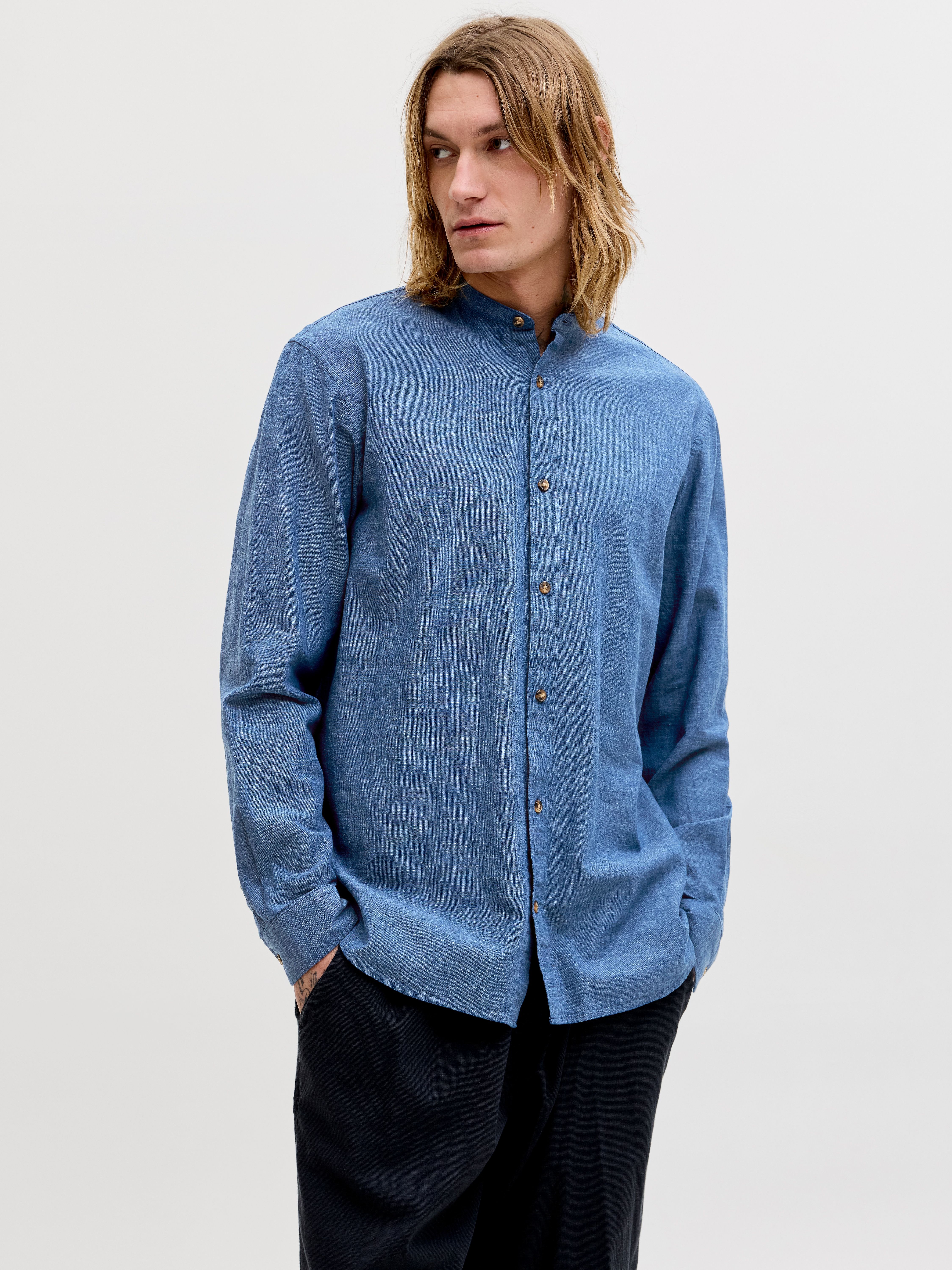 Jack & Jones "JJESUMMER LINEN BLEND BAND SHIRT L/S SN" Baumwollmischung, regular fit