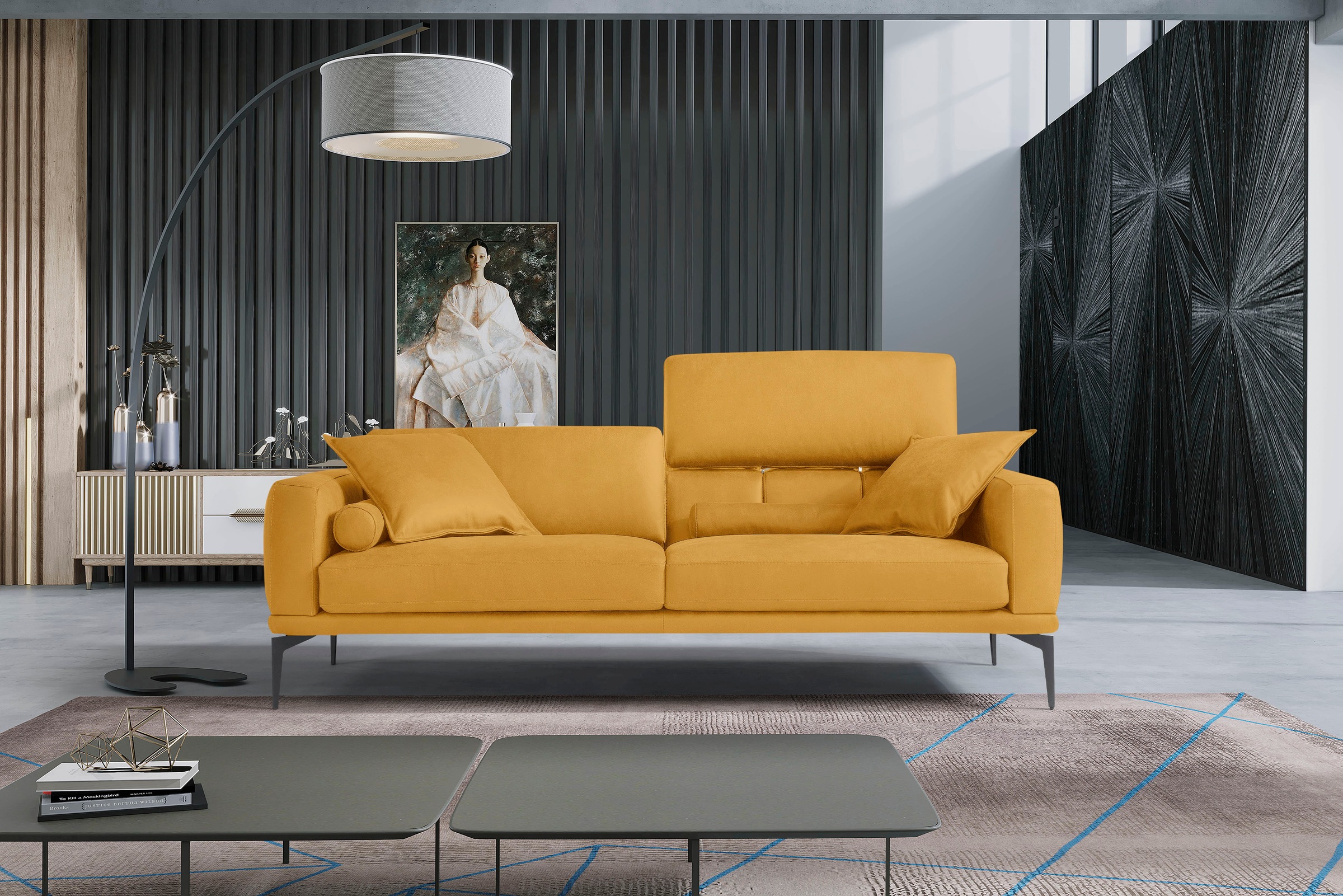 Egoitaliano 2,5-Sitzer "Masu, Designsofa mit erstklassigem Sitzkomfort, Breite 218cm" inkl. 2 Kissenrollen, Rückenelemente manuell verstellbar, Metallfüße