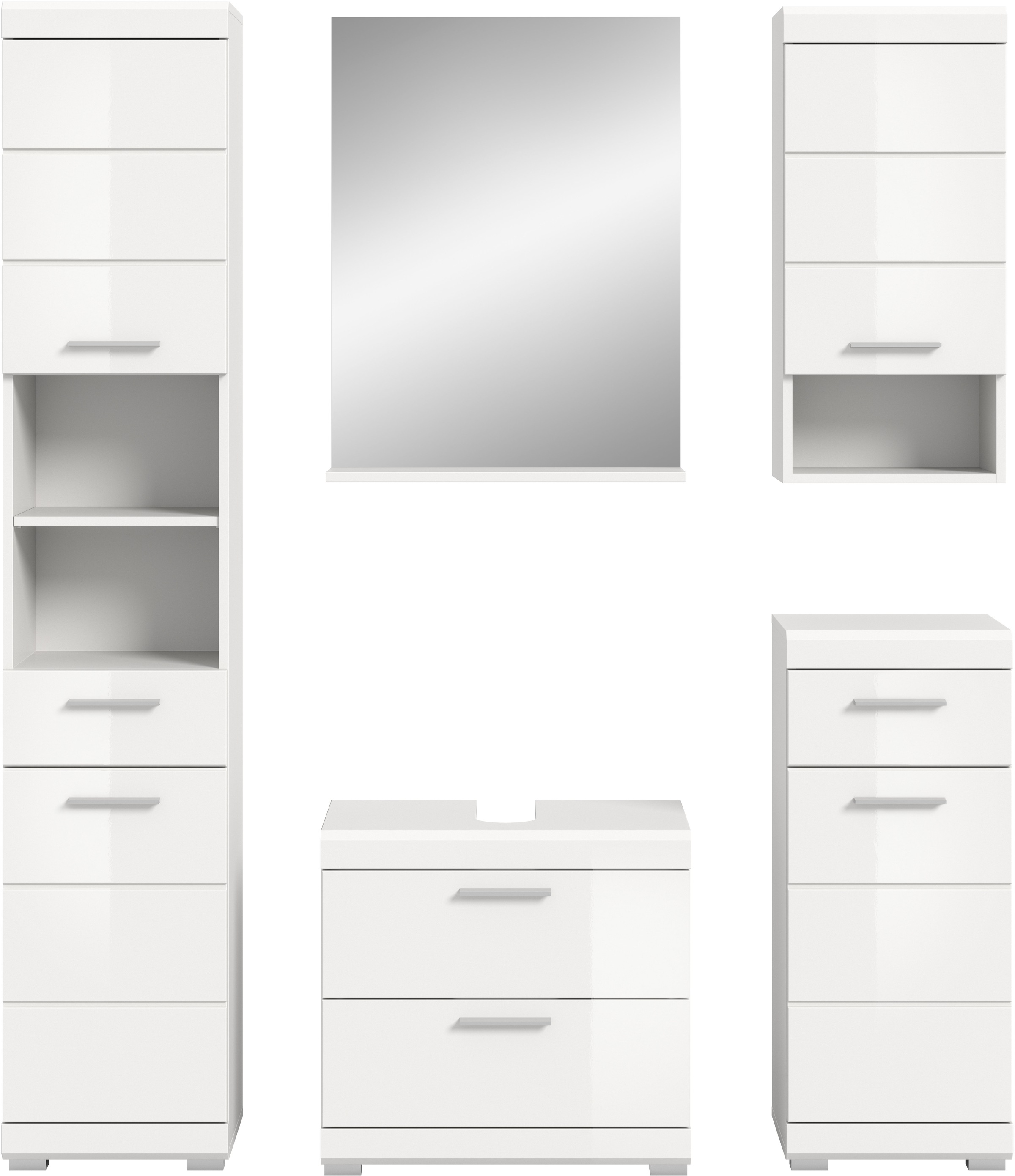 INOSIGN Badmöbel-Set »Siena, 5 teilig, bestehend aus:«, (Set, 5 St.), Hochschrank, WBU, Spiegel, Unterschrank, Hängeschrank