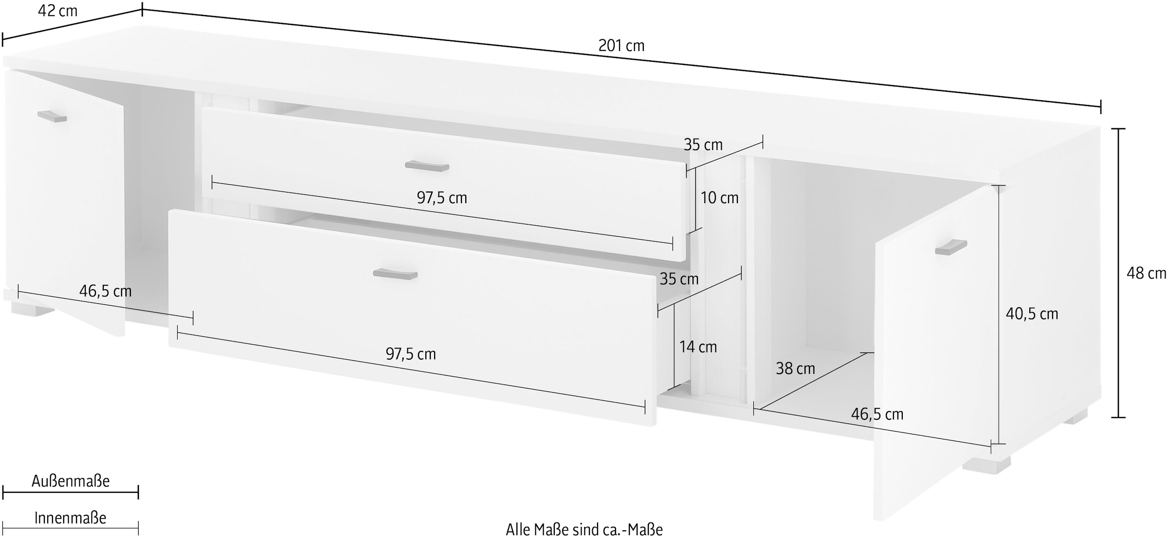 INOSIGN Lowboard »LONG ISLAND«, (1 St.), in moderner Trendfarbe,inklusive senkrechter Beleuchtung,Breite 200 cm