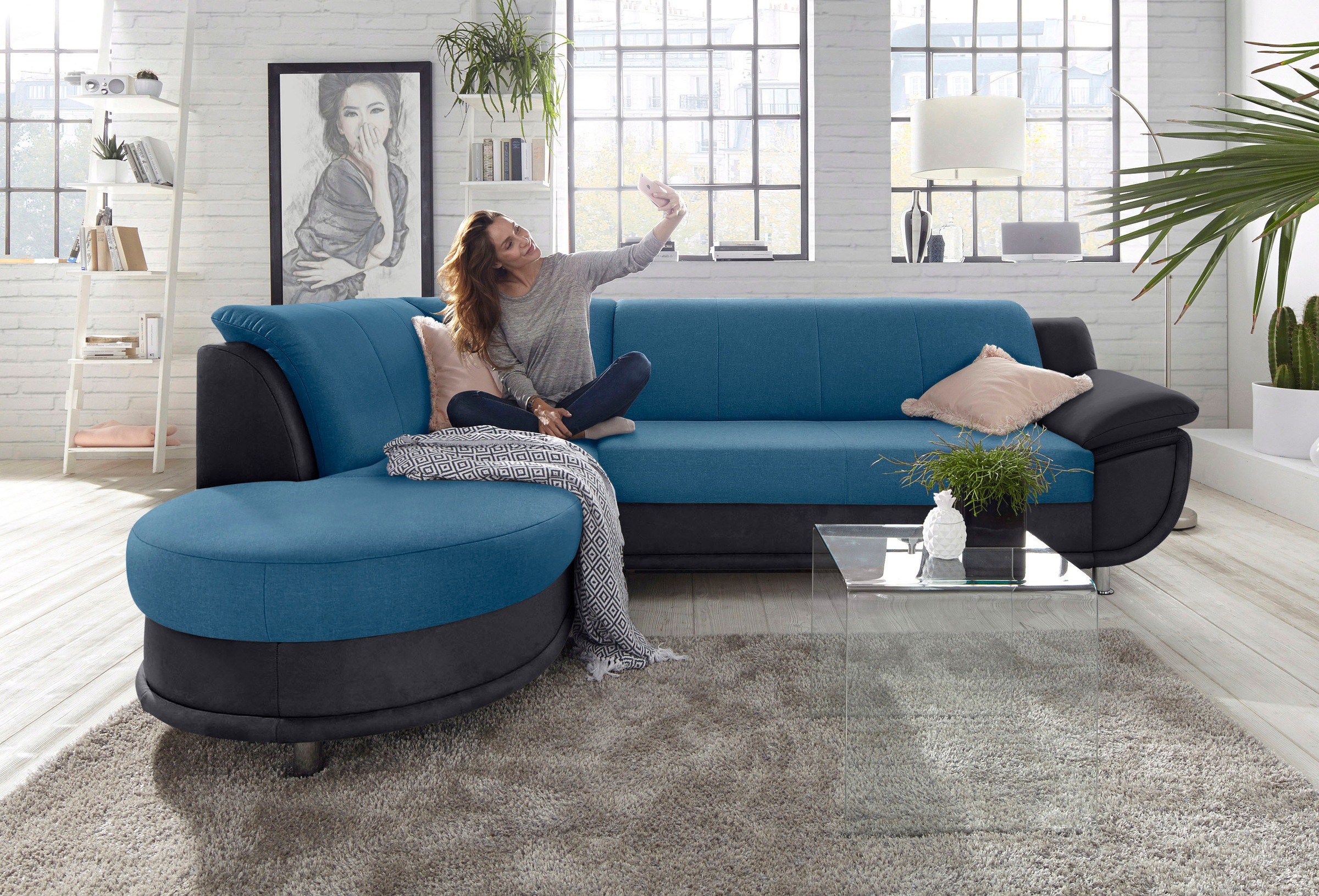 TRENDMANUFAKTUR Ecksofa »Rondo 3, zeitlos und bequem, Materialmix, breite Armlehnen, L-Form«, wahlweise mit Federkern für mehr Komfort, wahlweise mit Bettfunktion