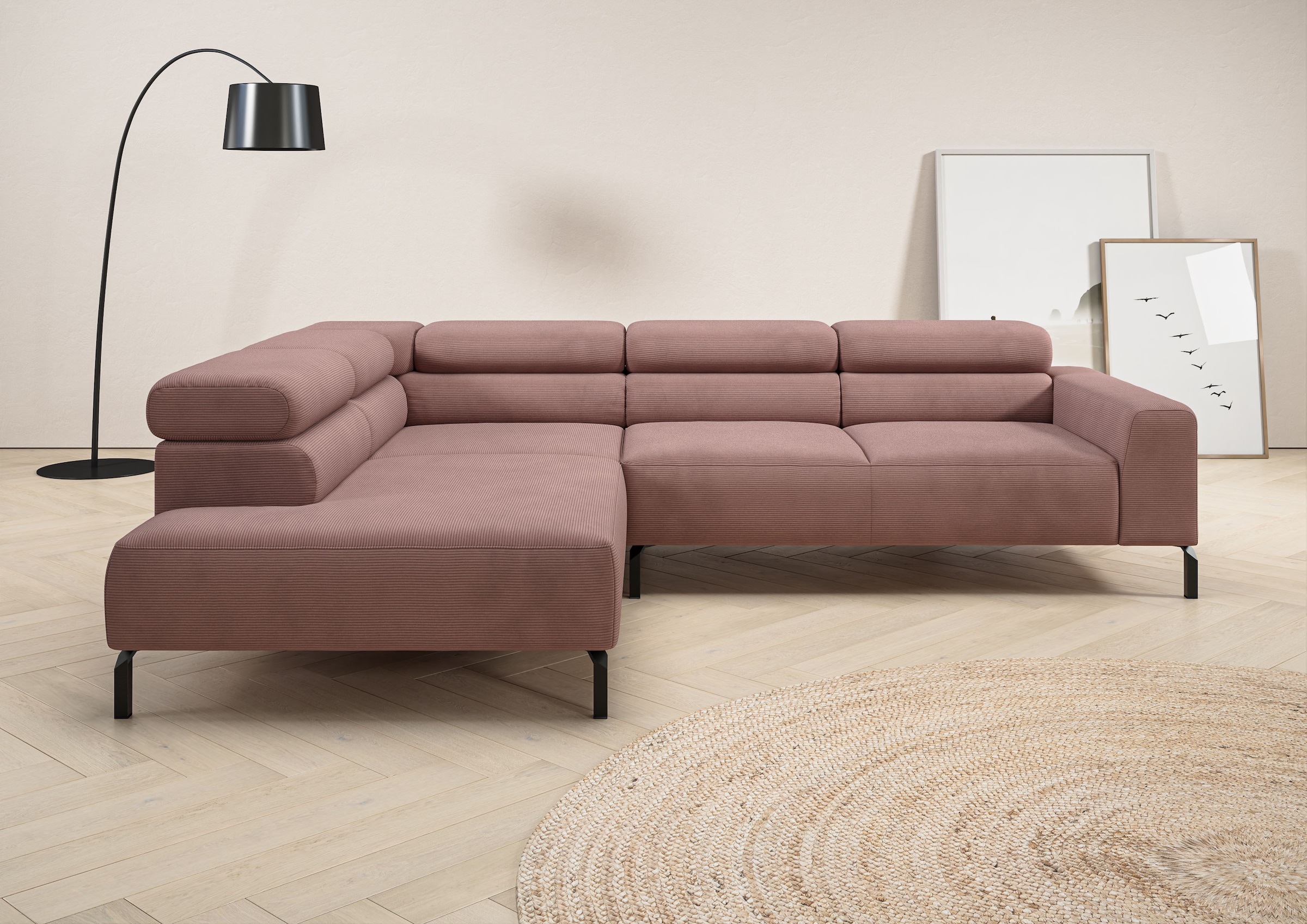 Home affaire Ecksofa "Antonelli, L-Form, inkl. Kopfteilverstellung, Breite 276 cm" ohne Sitztiefenverstellung, in Feincord, altrosa