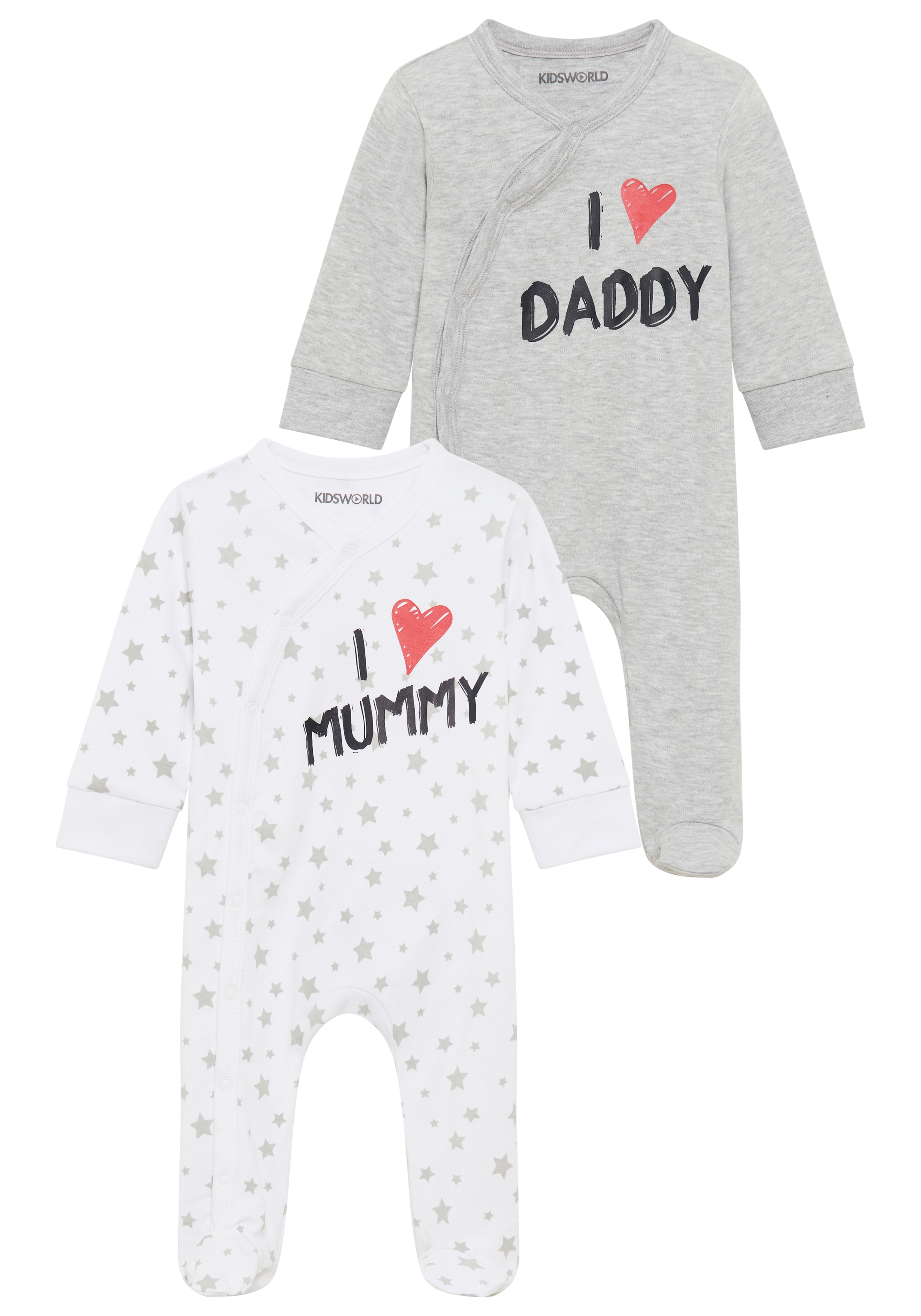 KIDSWORLD Schlafoverall "2er Schlafoveralls: I love Mummy / I love Daddy" Packung, 2, 2 Stk. aus Bio-Baumwolle, Baby-Overalls