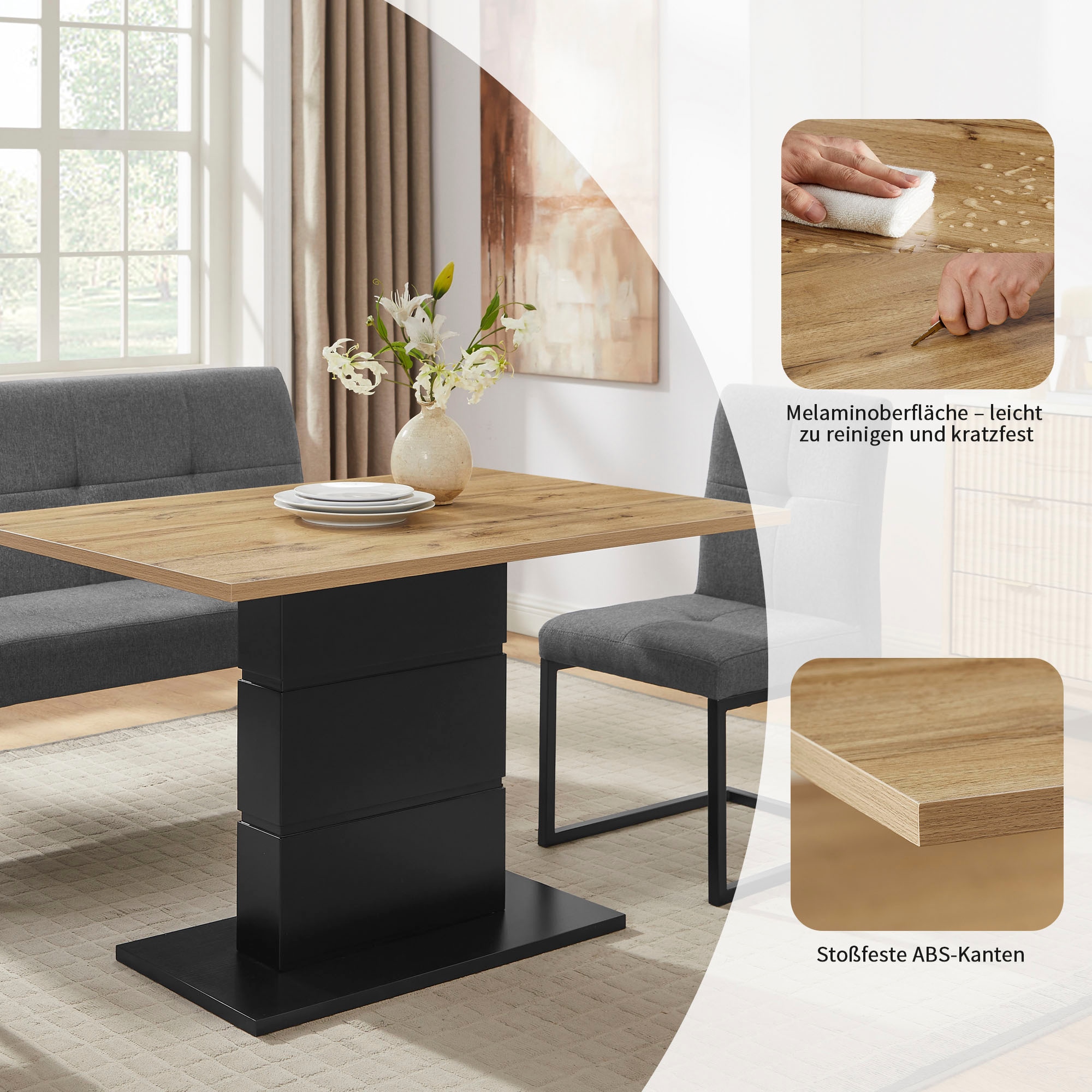 OTTO home Essgruppe »Geranie« Set, 4 tlg. in Eichenoptik mit schwarzem Säulengestell