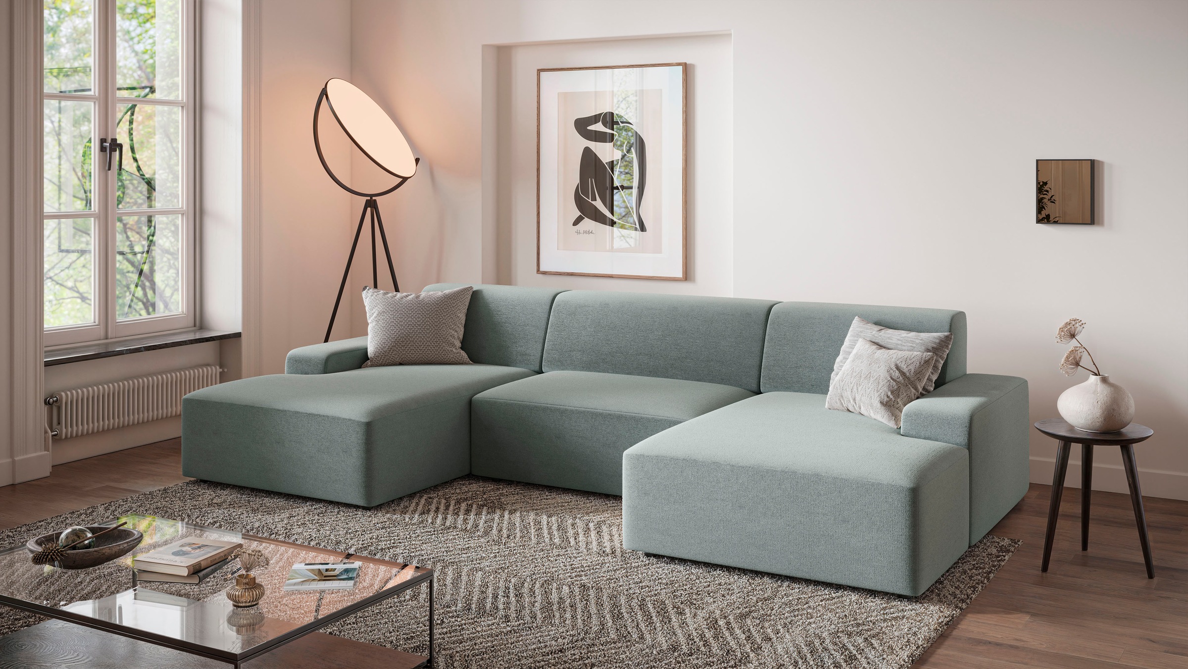 TRENDMANUFAKTUR Wohnlandschaft "Wien, wahlweise mit Sitzvorschub und Bettkasten, Breite 329 cm" U-Form, in trendigem Cordstoff