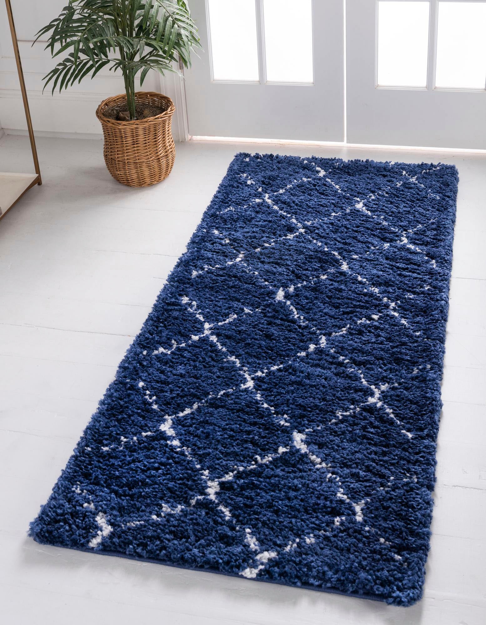 Hochflor-Läufer "Temara Shag, LAGERRÄUMUNG", blau (marineblau, elfenbeinfarben), B:79cm H:51mm L:305cm, Polypropylen (PP), MYFLAIR MÖBEL & ACCESSOIRES, Teppiche, Teppich-Läufer, gewebt, Rauten Design, weich & kuschelig