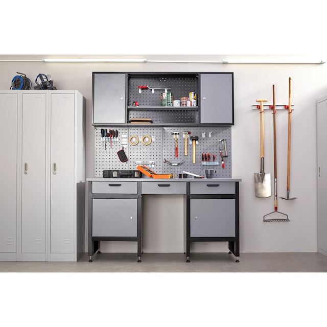 Profiwerk Werkbank »Werkstattset Kiel«, (Set, 3 tlg.), Breite 160 cm,  abschließbar, höhenverstellbar, Hängeschrank & Lochwand kaufen | BAUR