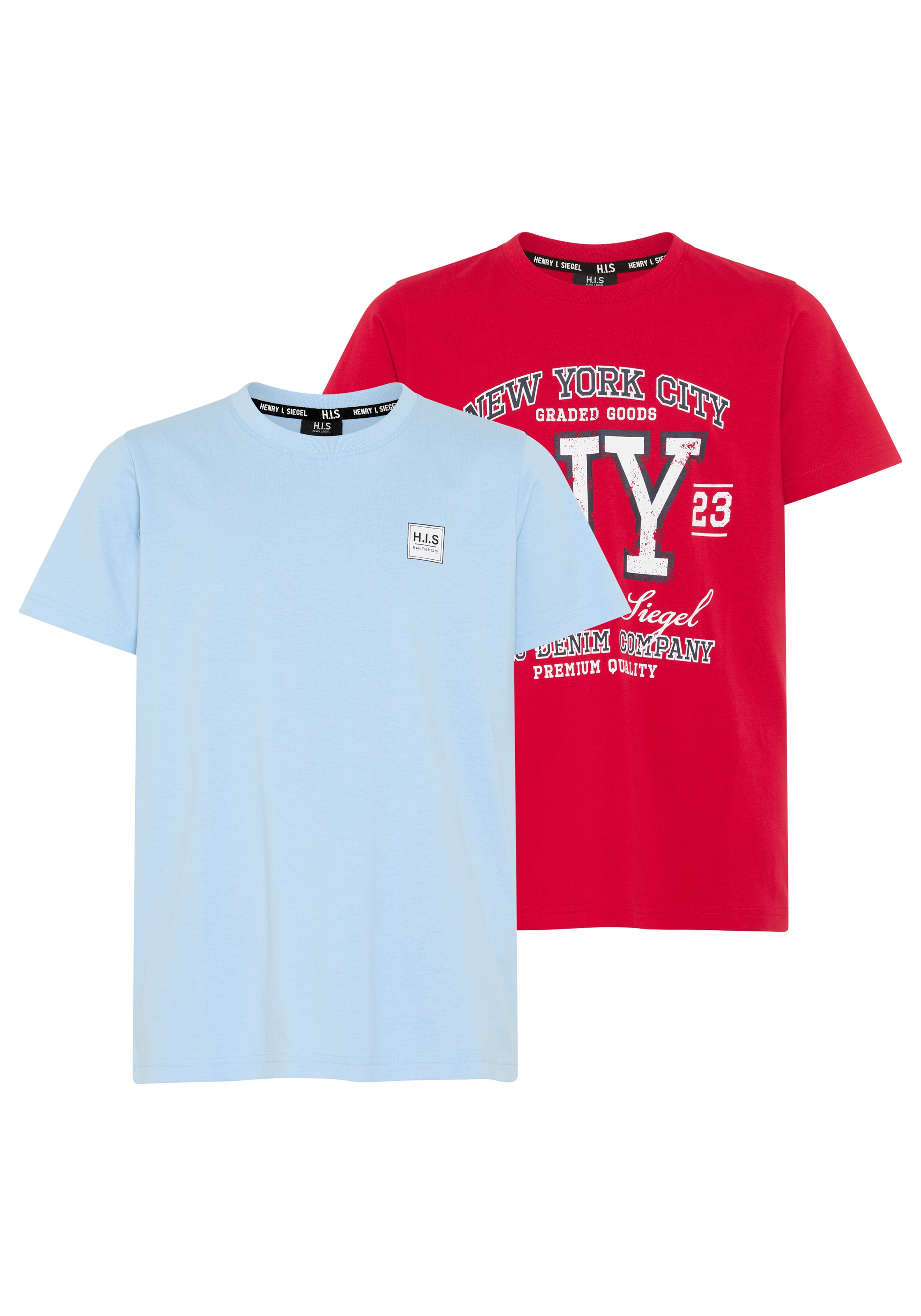 T-Shirt H.I.S "2er Pack Shirts mit HIS-Logos für Jungen", Jungen, Gr. 176/182, rot, hellblau, Single Jersey, Obermaterial: 100% Baumwolle, bedruckt, Basic, Rundhals, Shirts T-Shirt, modischer Stil, Kurzarm, mit Logodruck, aus Baumwolle, für Jungen