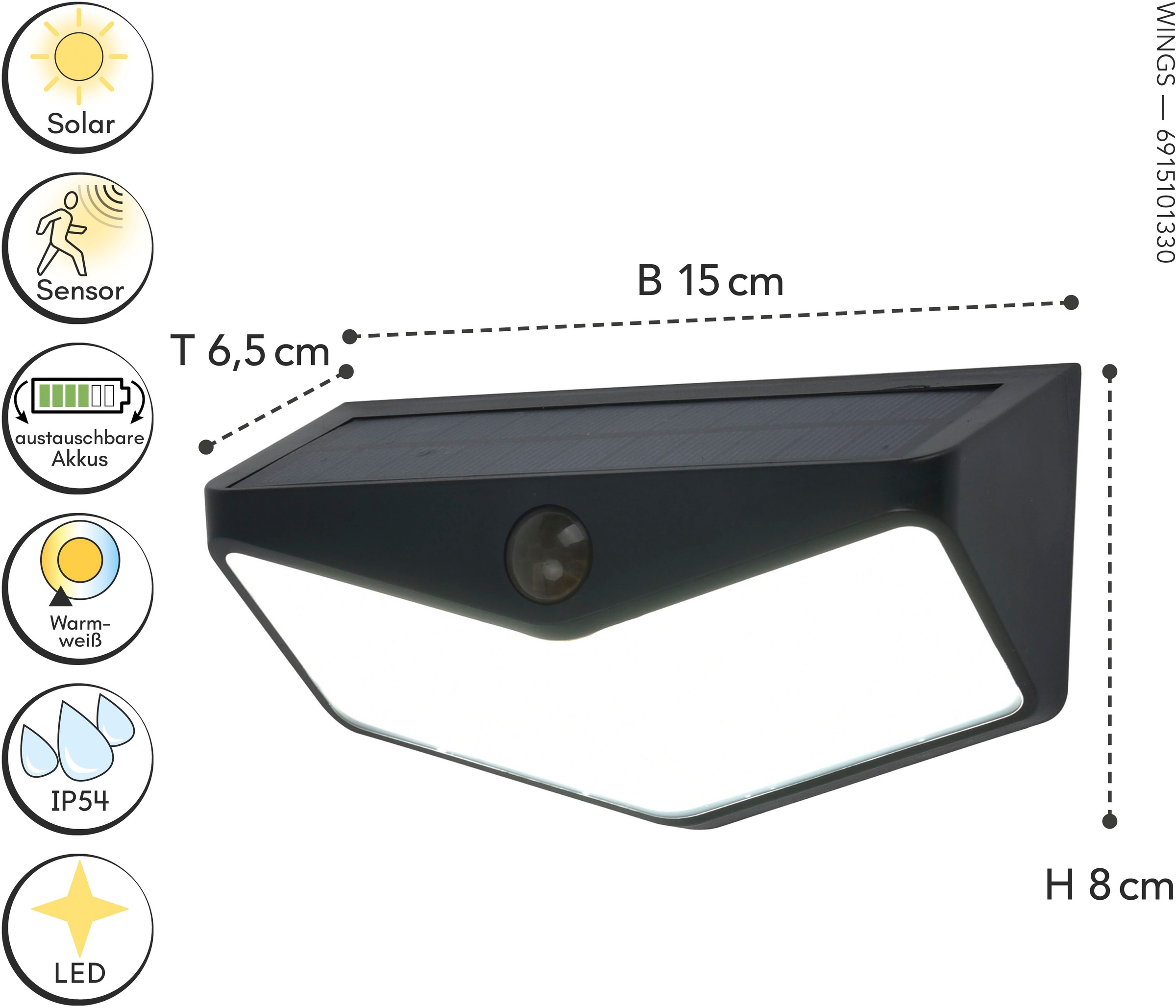 LUTEC LED Solarleuchte »LED-Solar-Aussenwandl. m. BWM WINGS«, 1 flammig, Leuchtmittel LED-Board | LED fest integriert, Bewegungsmelder