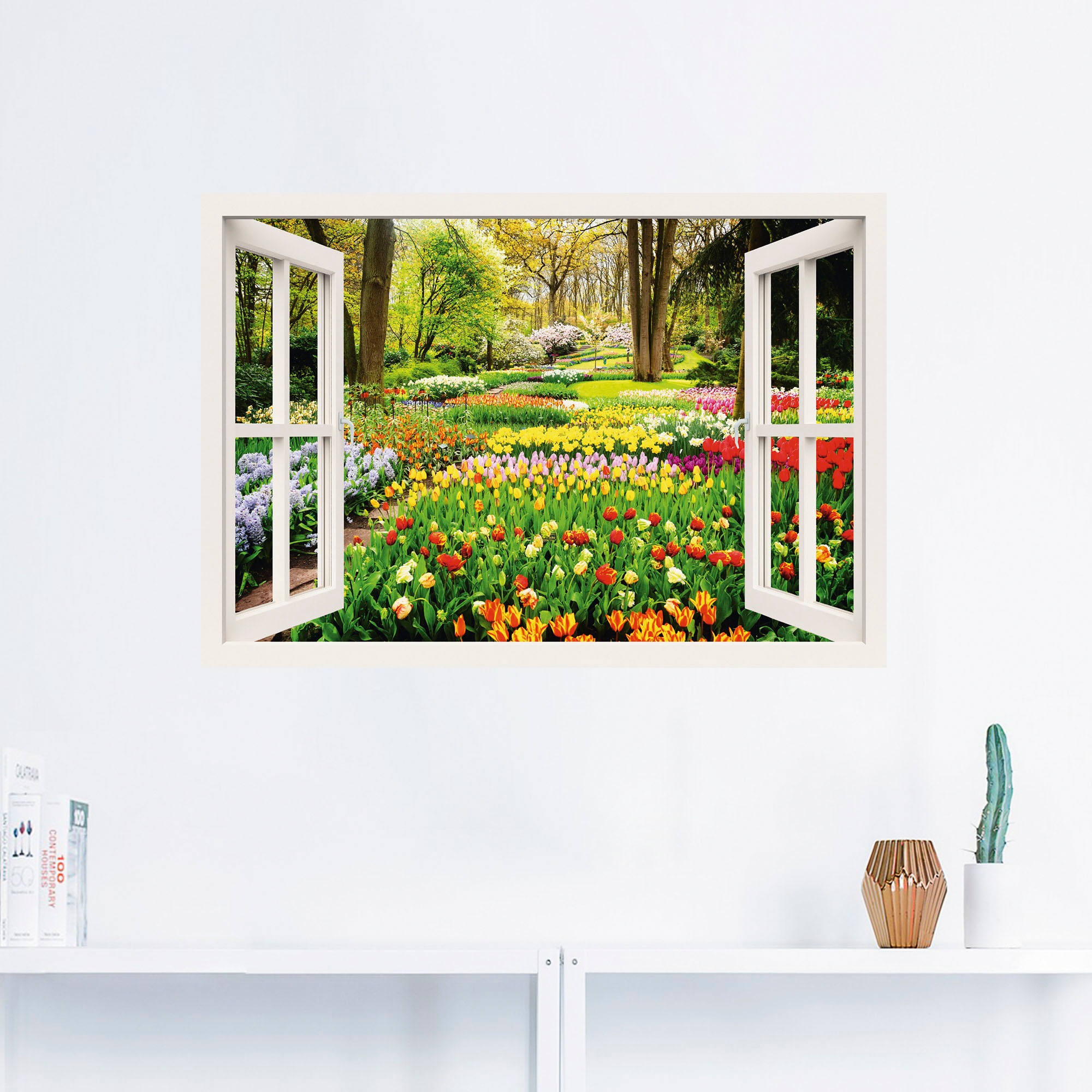 Artland Wandbild »Fensterblick Tulpen Garten Frühling«, Fensterblick, (1 St.), als Alubild, Outdoorbild, Leinwandbild, Poster, Wandaufkleber
