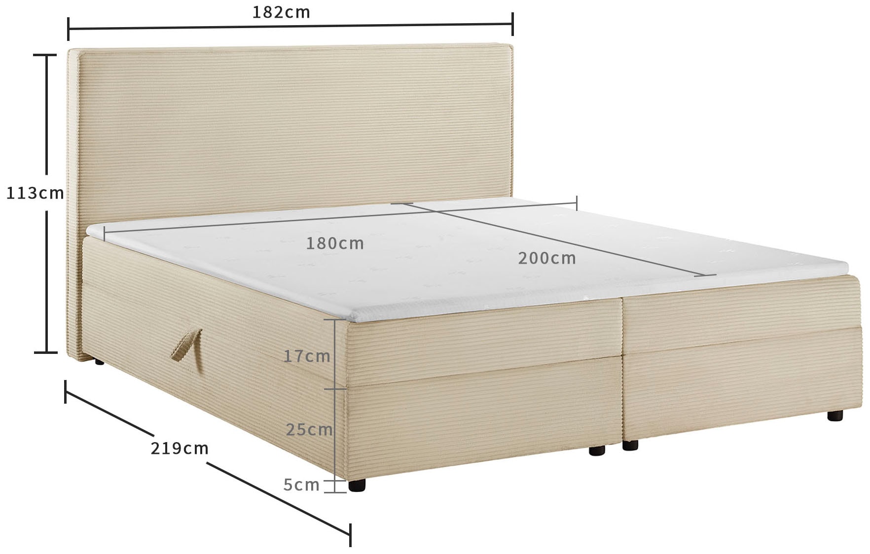 OTTO home Boxbett »Eliaas inkl. Bettkasten und Topper, Liegefläche 180x200cm« erhältlich in hochwertigem Cord-Stoff und der Größe 180x200cm