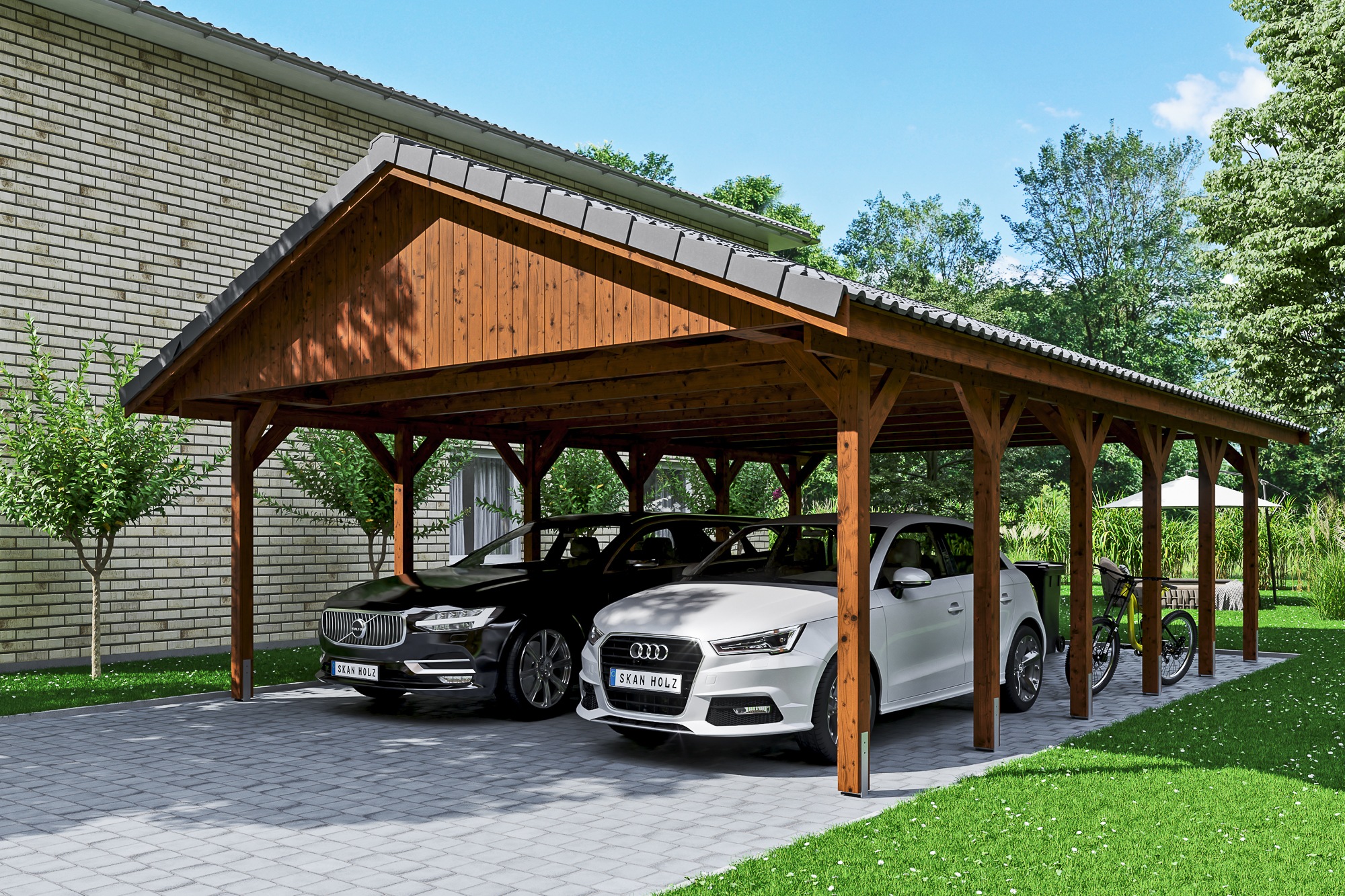Skanholz Doppelcarport »Wallgau«, Nadelholz, 530 cm, Nussbaum, mit Dachlattung