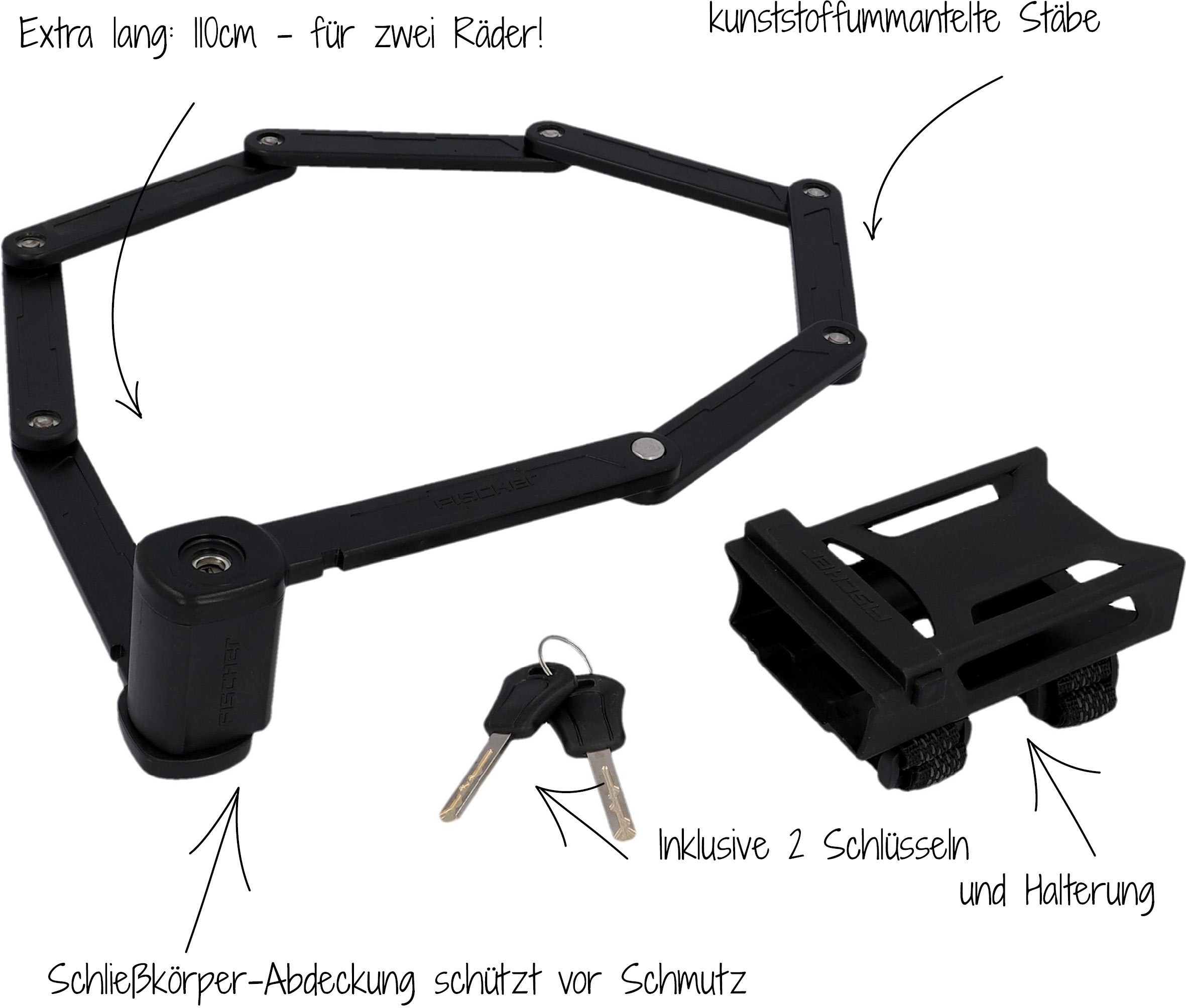 FISCHER Fahrrad Faltschloss »Faltschloss 110cm XL mit Halter«, (3 tlg.)