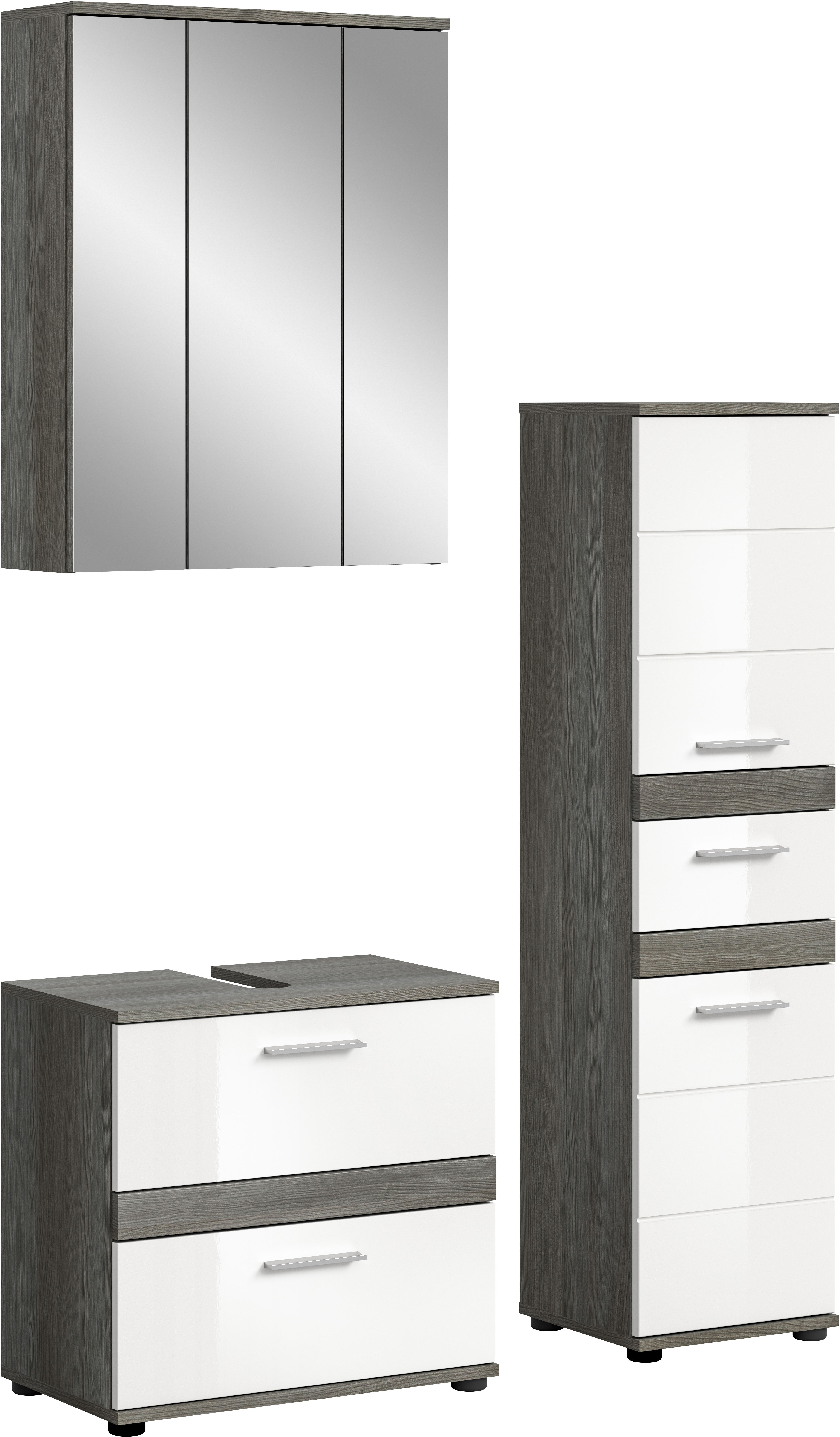 welltime Badmöbel-Set "LUCCA, 3-teilig, hochwertige MDF Front" Set, best. aus: Waschbeckenunterschrank, Spiegelschrank, Hochschrank, 3 Stk. tlg.