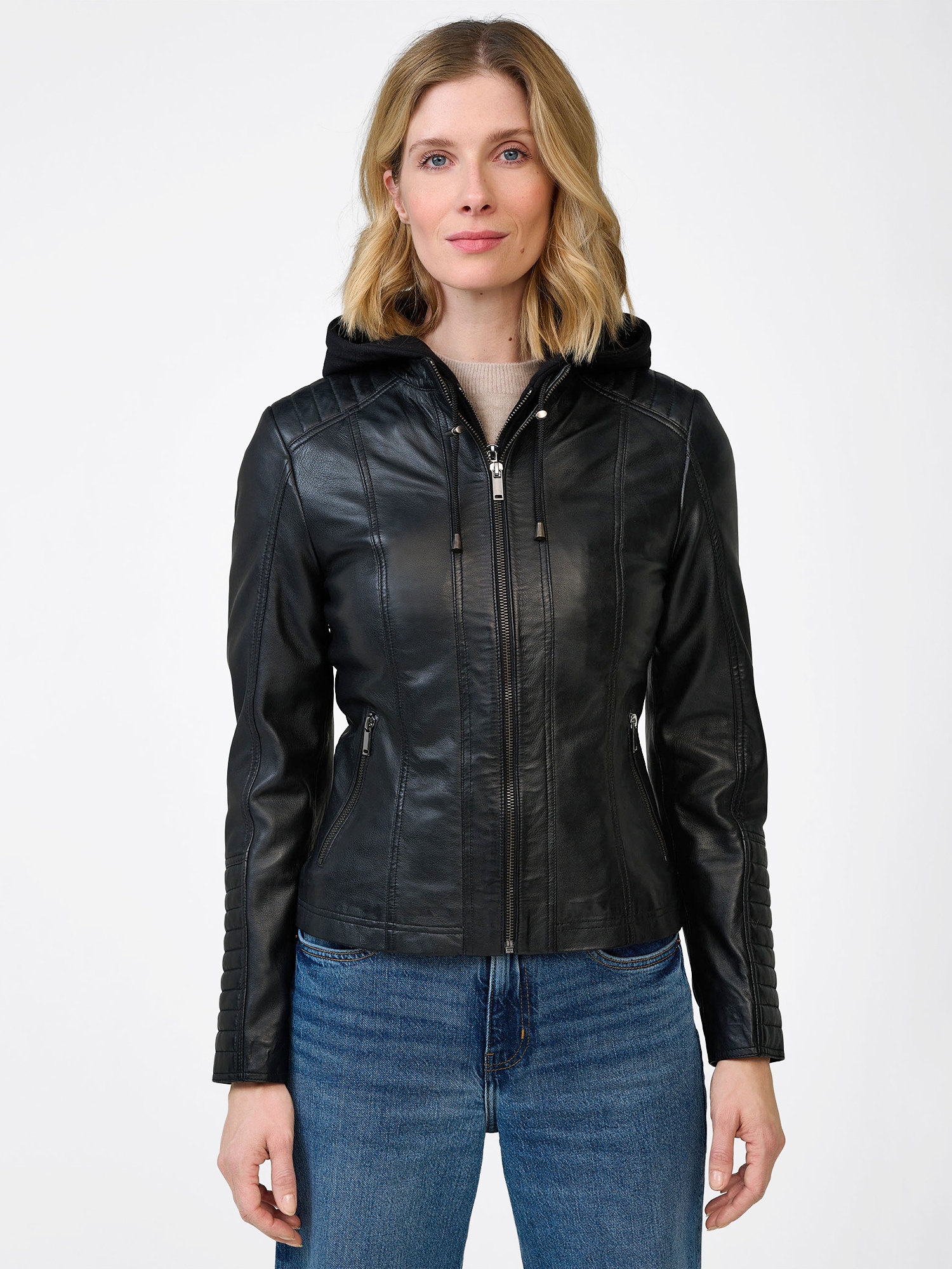 RICANO Bikerjacke »Lederjacke Rania« 2-Wege verstellbare Kapuze Handgefertigt aus echtem Leder