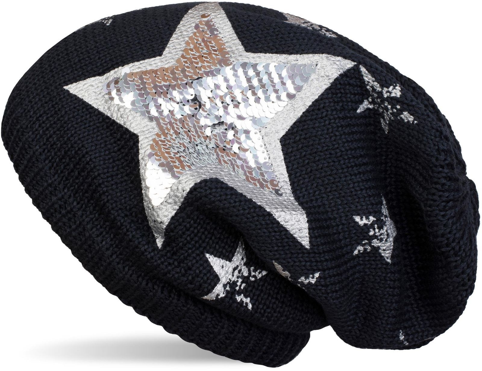 styleBREAKER Strickmütze "Strick Beanie mit Pailletten Stern Print" 1 Stk. günstig online kaufen