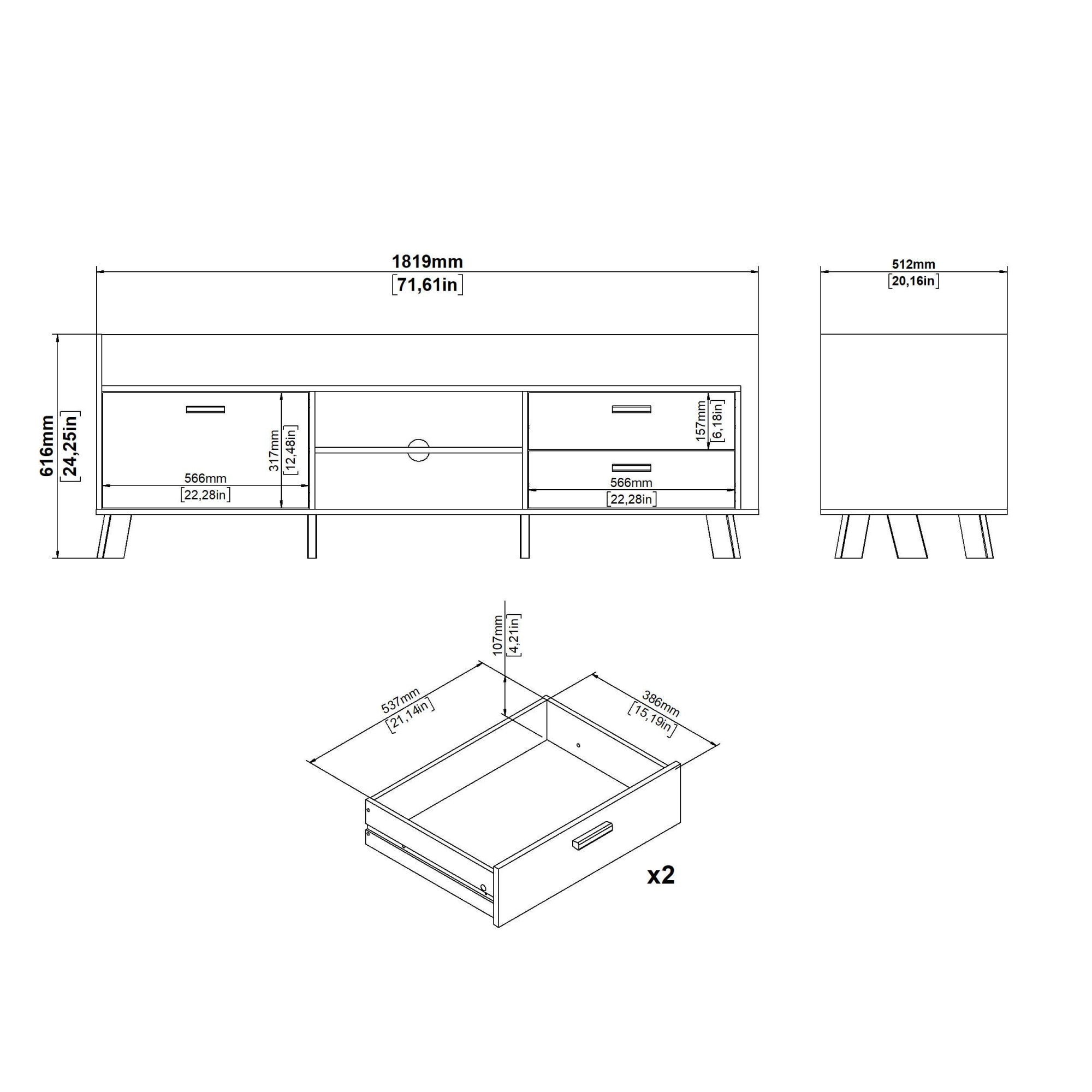 andas Lowboard »Ikast TV-Möbel, Sideboard, TV-Unit, Fernsehschrank, TV-Element«, TV-Kommode, 1 Tür, 2 Schubladen, Breite 182 cm, Höhe 61,6 cm