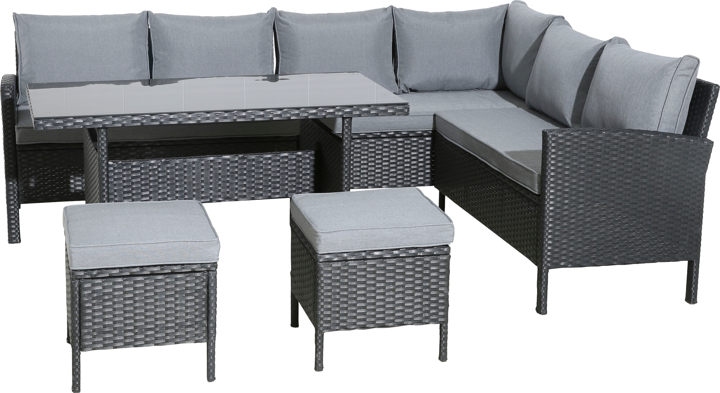 KONIFERA Gartenlounge-Set »»Manhattan««, (Set, 18 tlg., Ecklounge, Tisch 66x120x74 cm, 2 Hocker, inkl. Auflagen), Stahl/Polyrattan