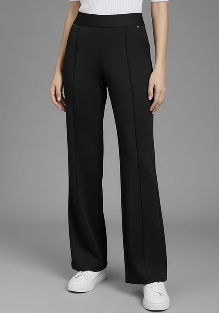 Jerseyhose BRUNO BANANI, Damen, Gr. 36, N-Gr, schwarz, Milano Rib, Obermaterial: 76% Polyester, 20% Viskose, 4% Elasthan, unifarben, gerade lang, Hosen Jerseyhose, in Anzug-Optik, moderner Wideleg-Shape, geprägtes Logo-Bündchen