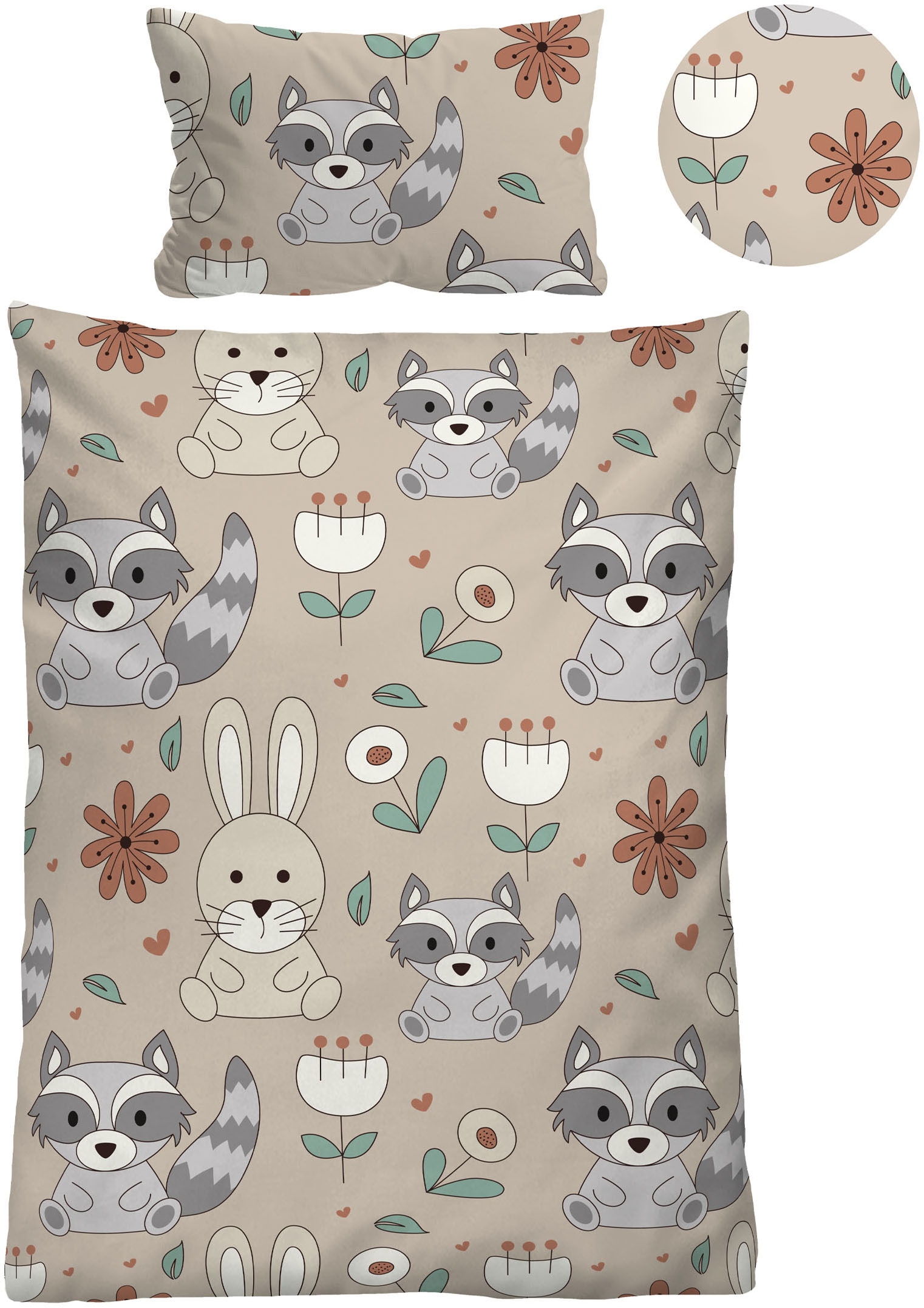 Biberna Kinderbettwäsche "0007245 Hase & Waschbär" 2 Stk. kuschelig warm im Winter, temperaturausgleichend, Reißverschluss