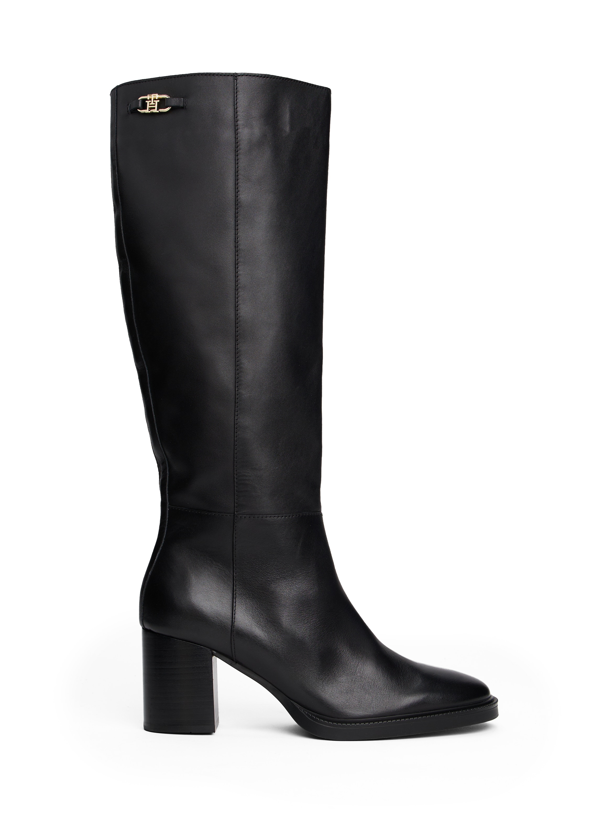 Tommy Hilfiger Stiefel »STACKED HEEL LEATHER LONG BOOT«, Blockabsatz, Langschaftstiefel mit goldfarbenem Logo-Schmuckelement