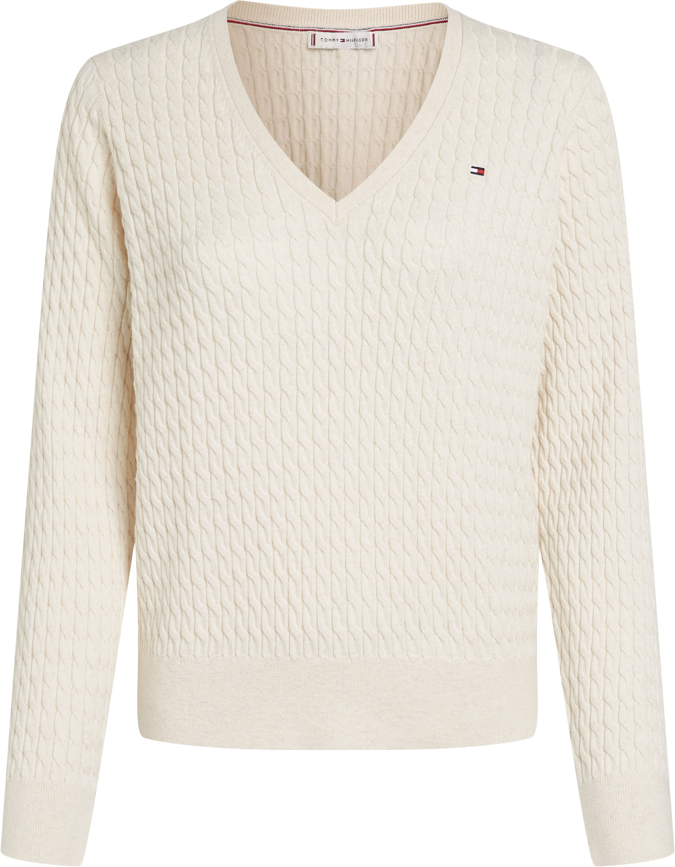 Tommy Hilfiger V-Ausschnitt-Pullover »CO CABLE V-NK LS SWT«, mit Zopfmuster, Logostickerei