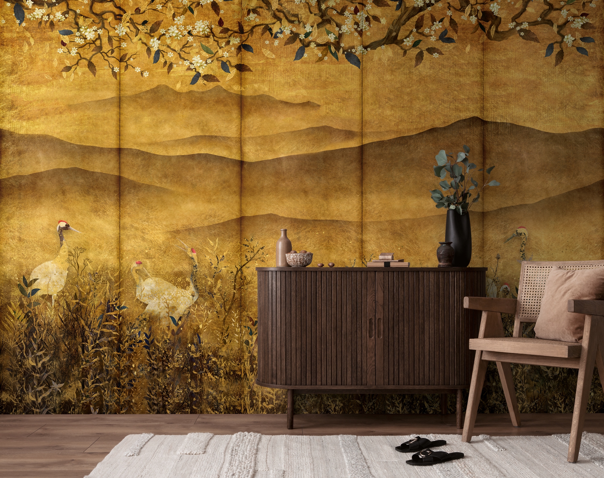 living walls Fototapete »The Wall 4 Flowers – Goldene Berge mit Blüten und Vögeln Fototapete« botanisch | floral | matt leicht strukturiert Goldene Berge mit Blüten und Vögeln – atmosphärischer Tiefe